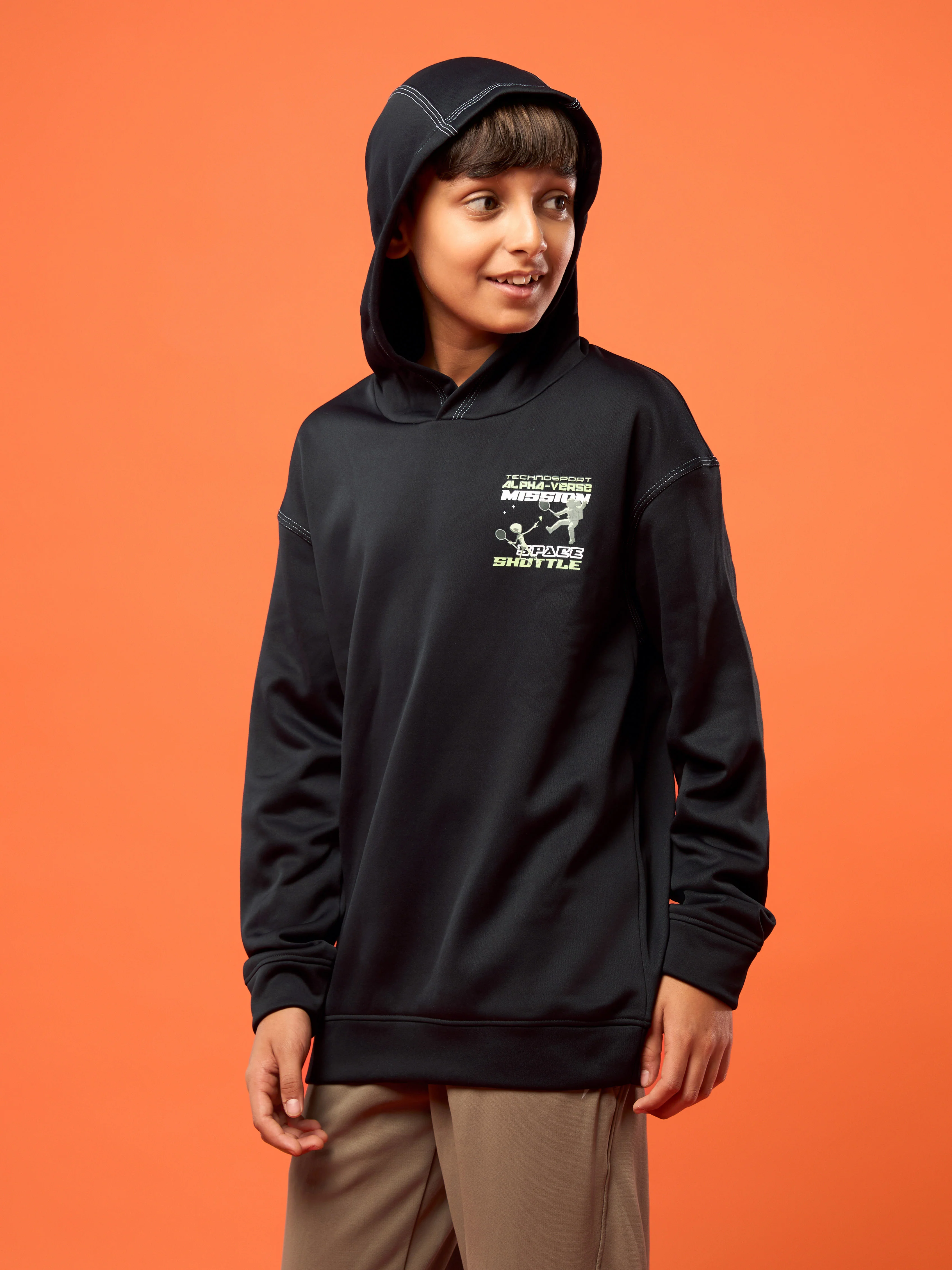 Boys Back Printed Slim Fit Hooded Sports Sweatshirt with TECHNO WARM+ - Image 6