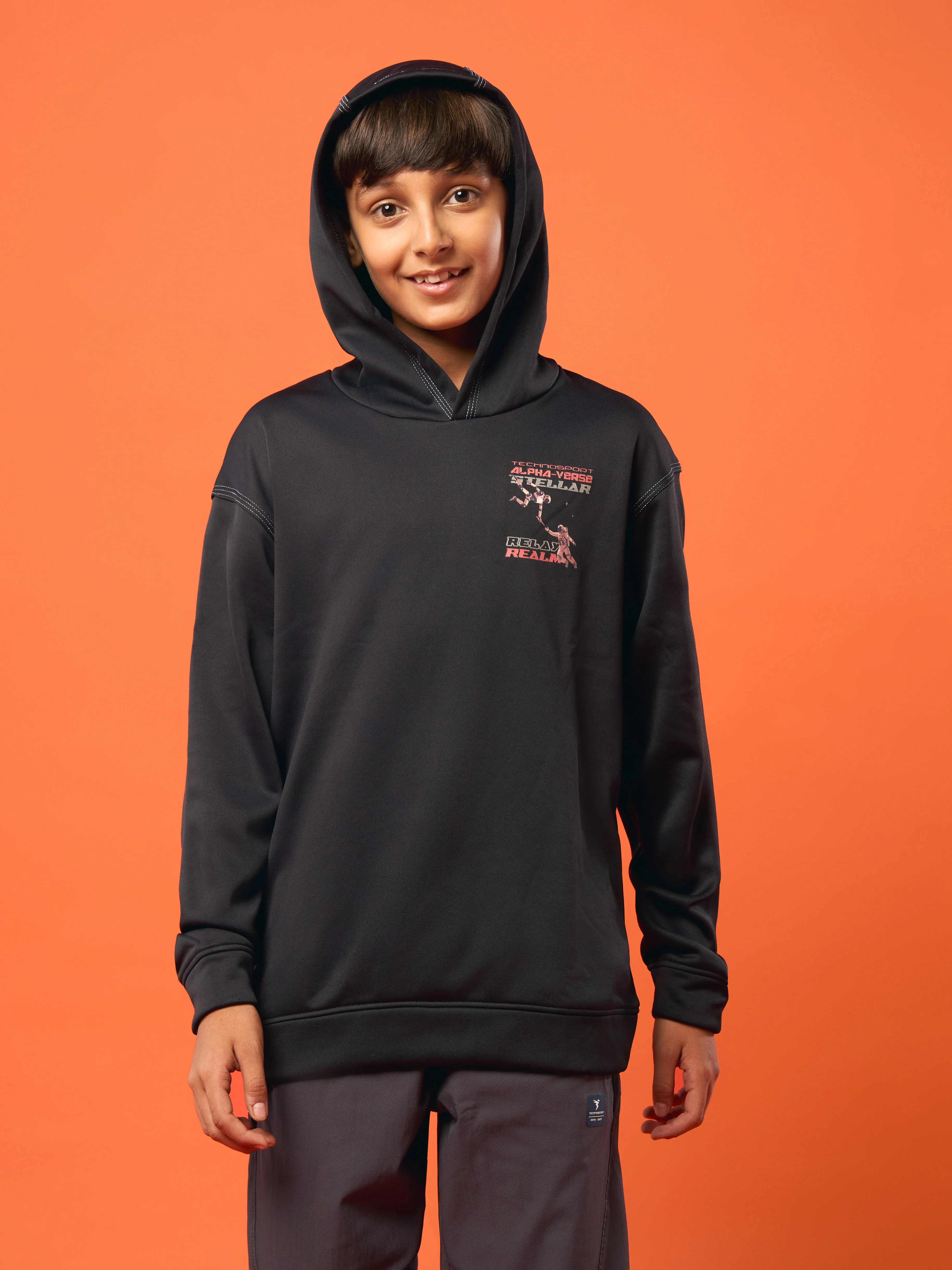 Boys Back Printed Slim Fit Hooded Sports Sweatshirt with TECHNO WARM+ - Image 2