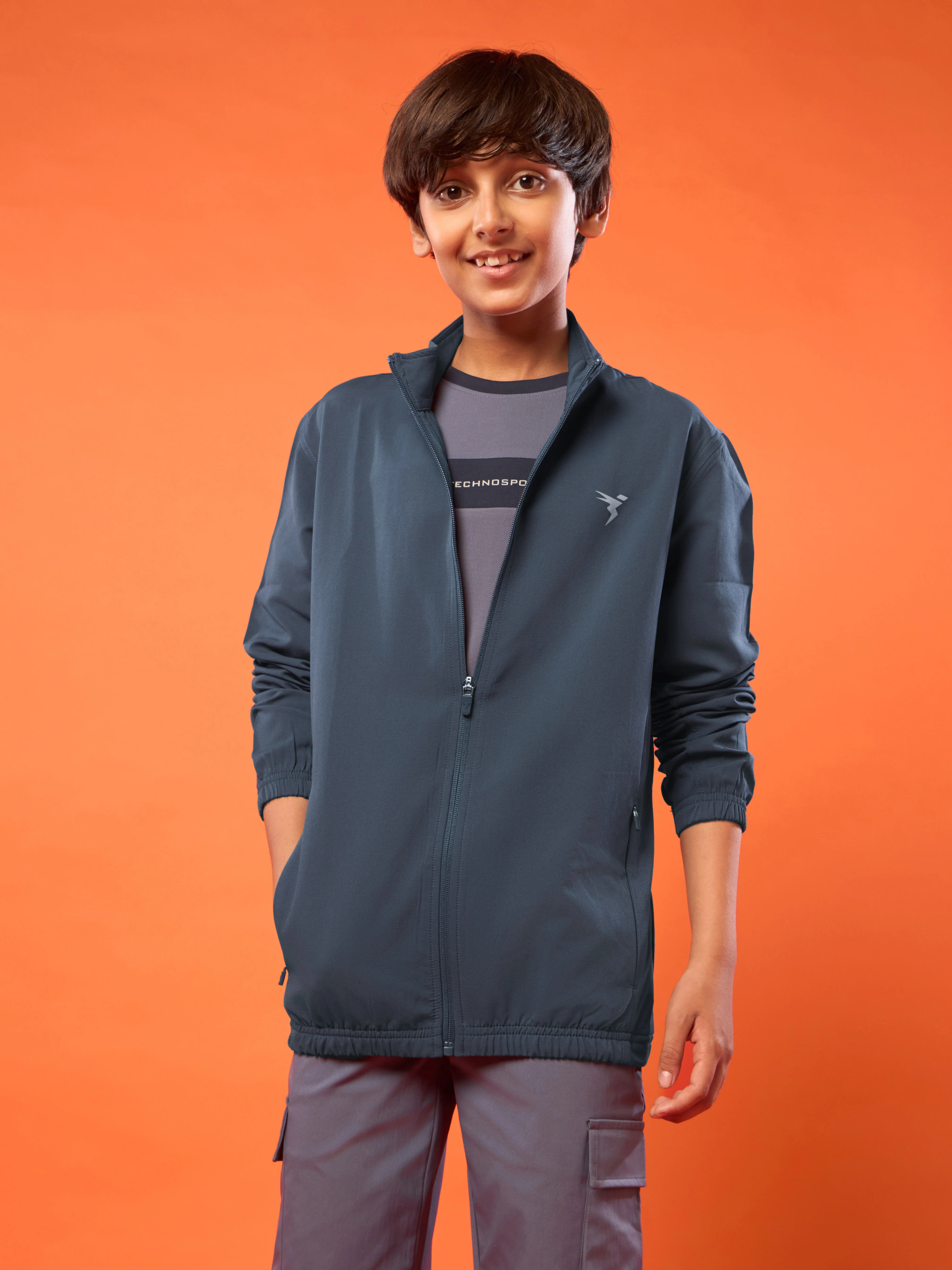 Boys Solid Slim Fit Mock Neck Sports Jacket with TECHNOLITE
