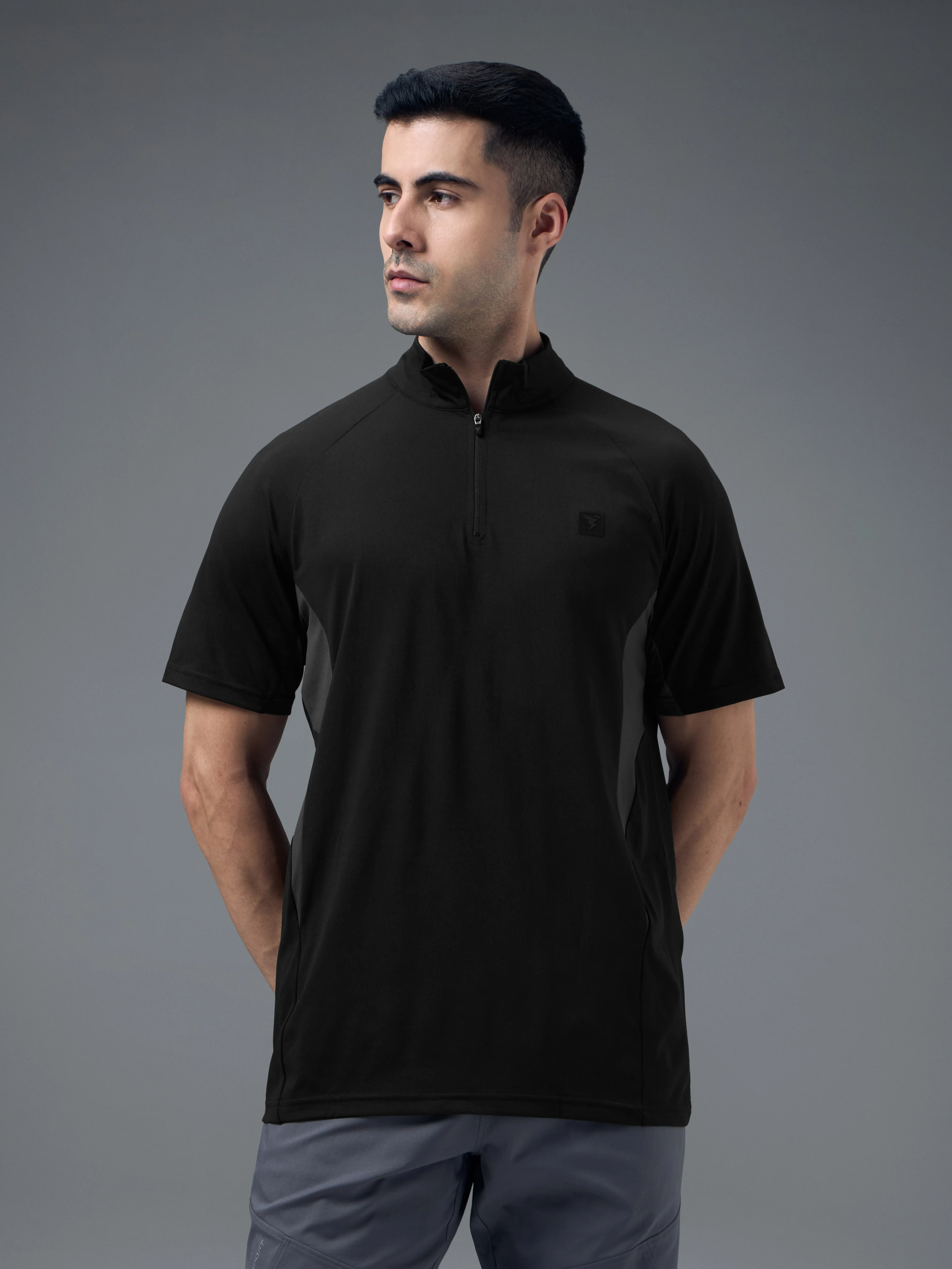 Men Colorblock Slim Fit Mock Neck Sports T-shirt with COTFLEX - Image 2