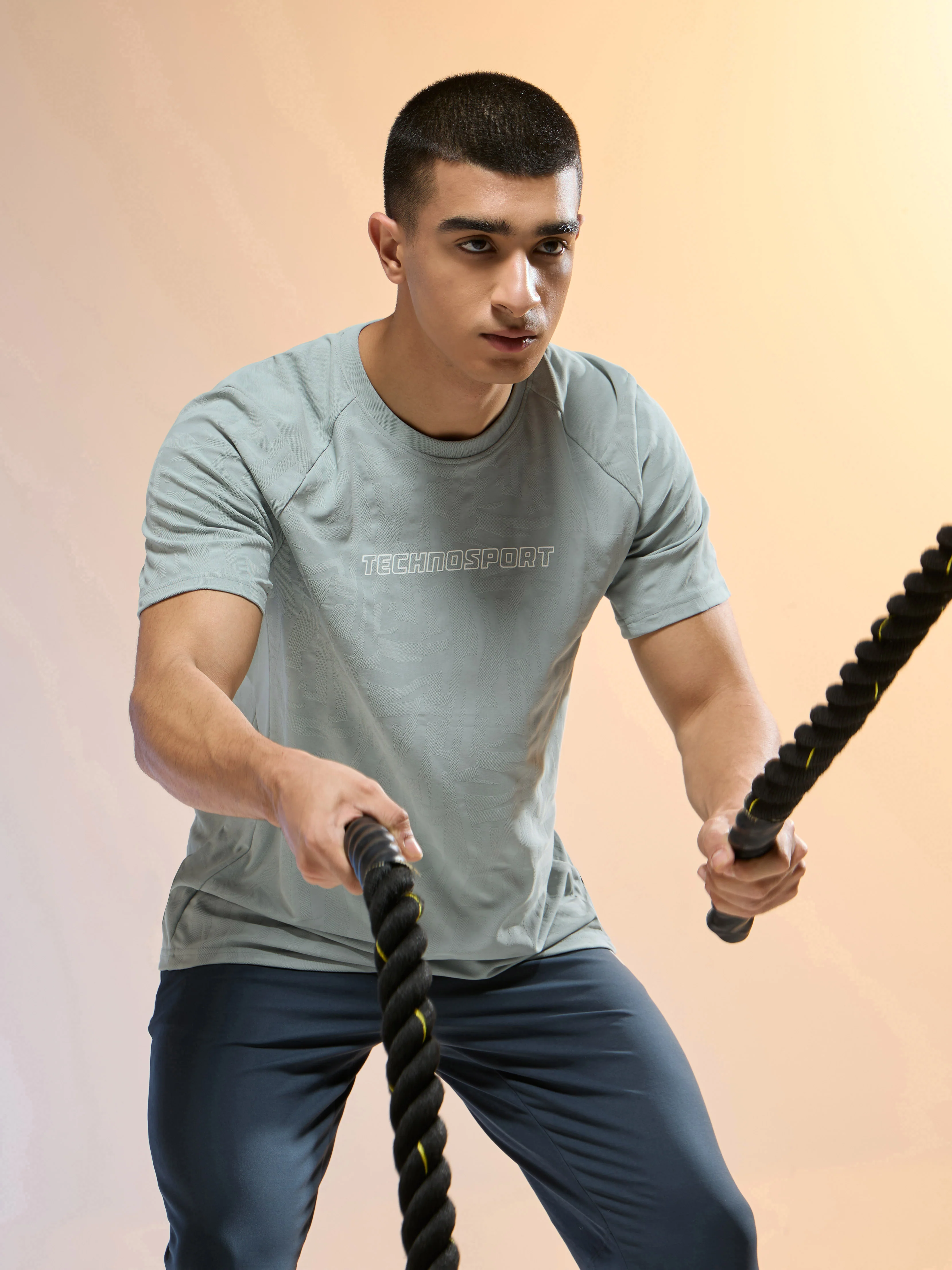 Men Jacquard Slim Fit Round Neck Sports T-shirt with MATPIQ
