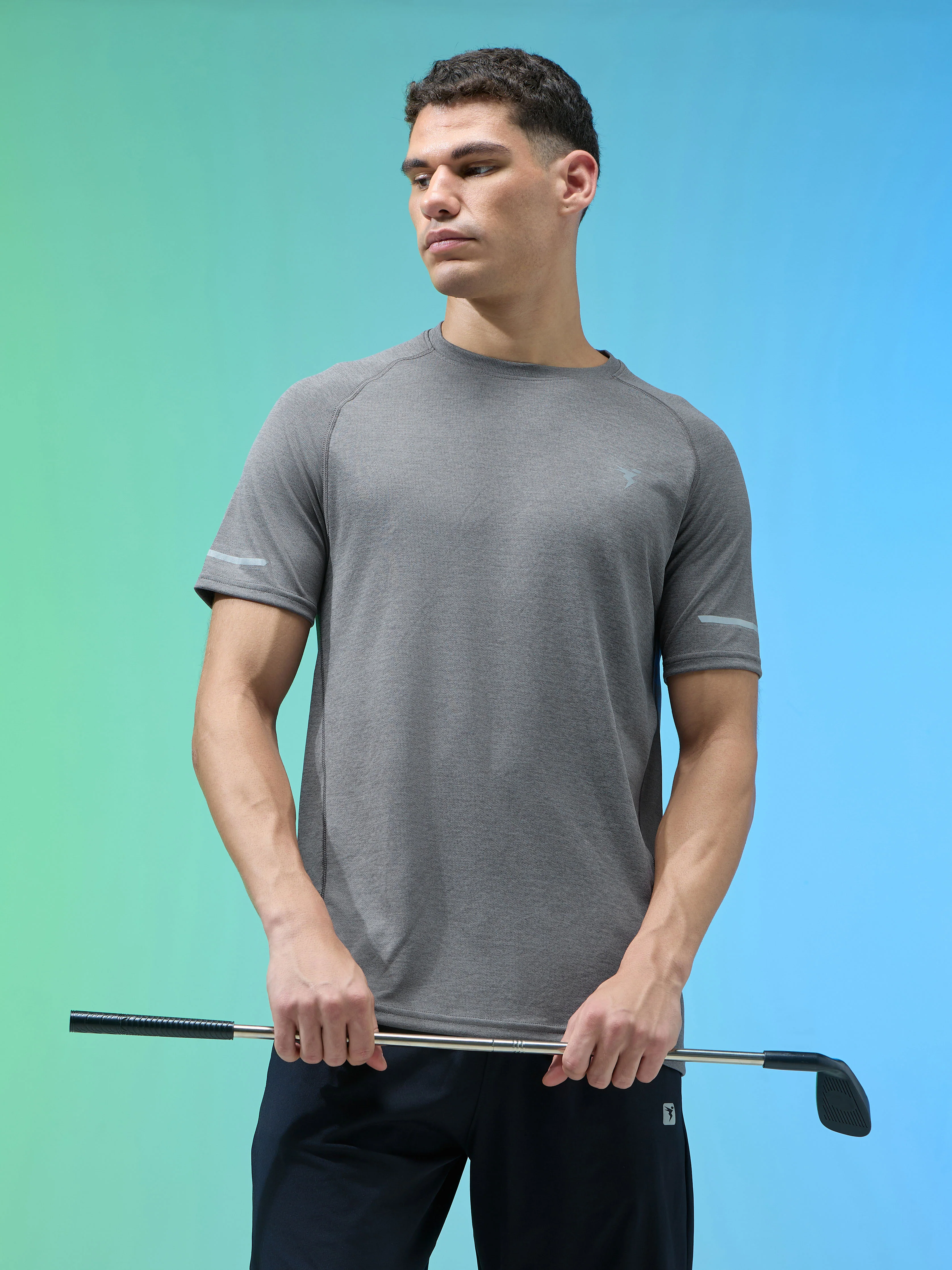 Men Melange Slim Fit Crew Neck T-shirt with DOUBLECOOL