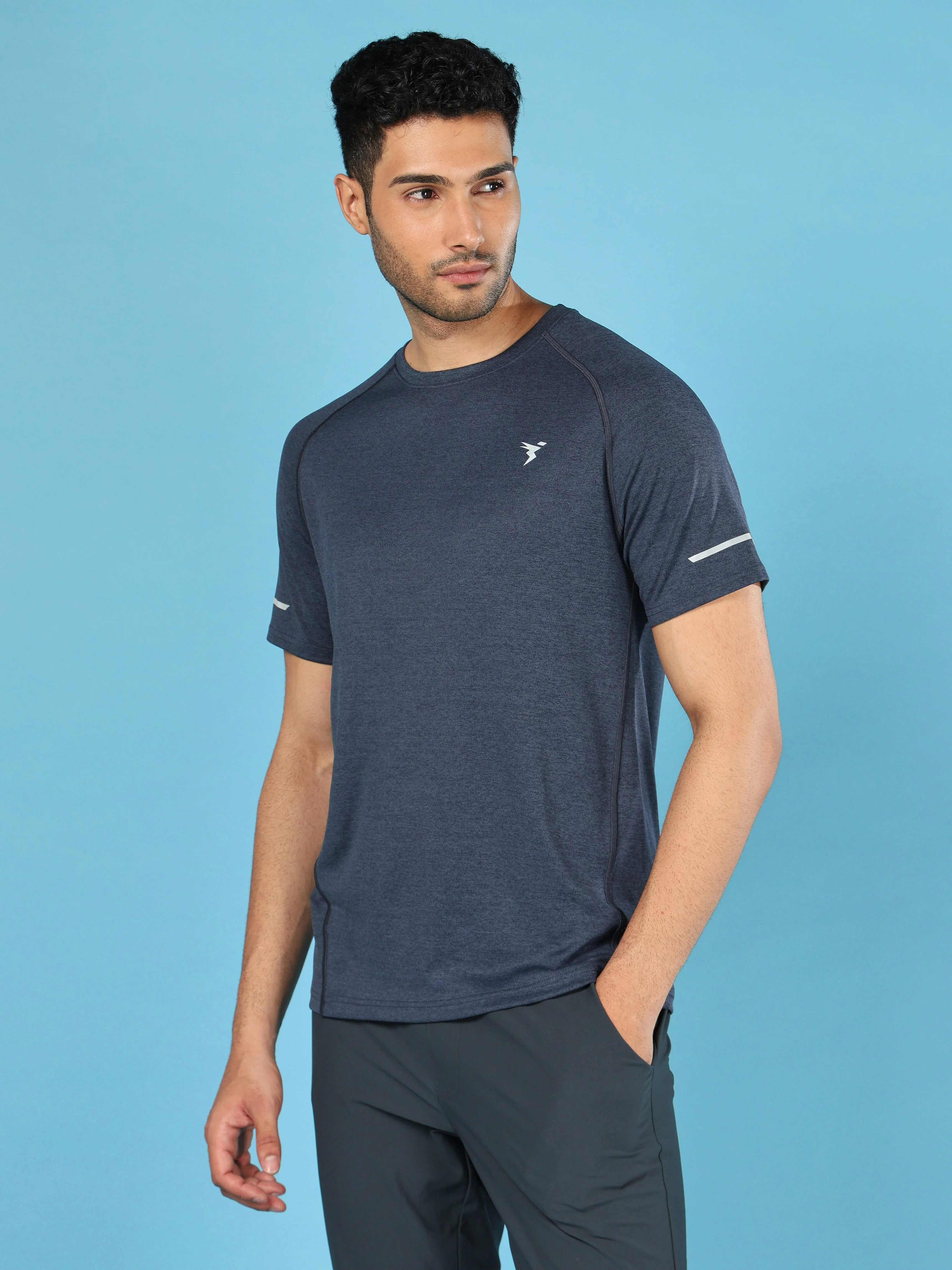 Men Melange Slim Fit Crew Neck T-shirt with DOUBLECOOL