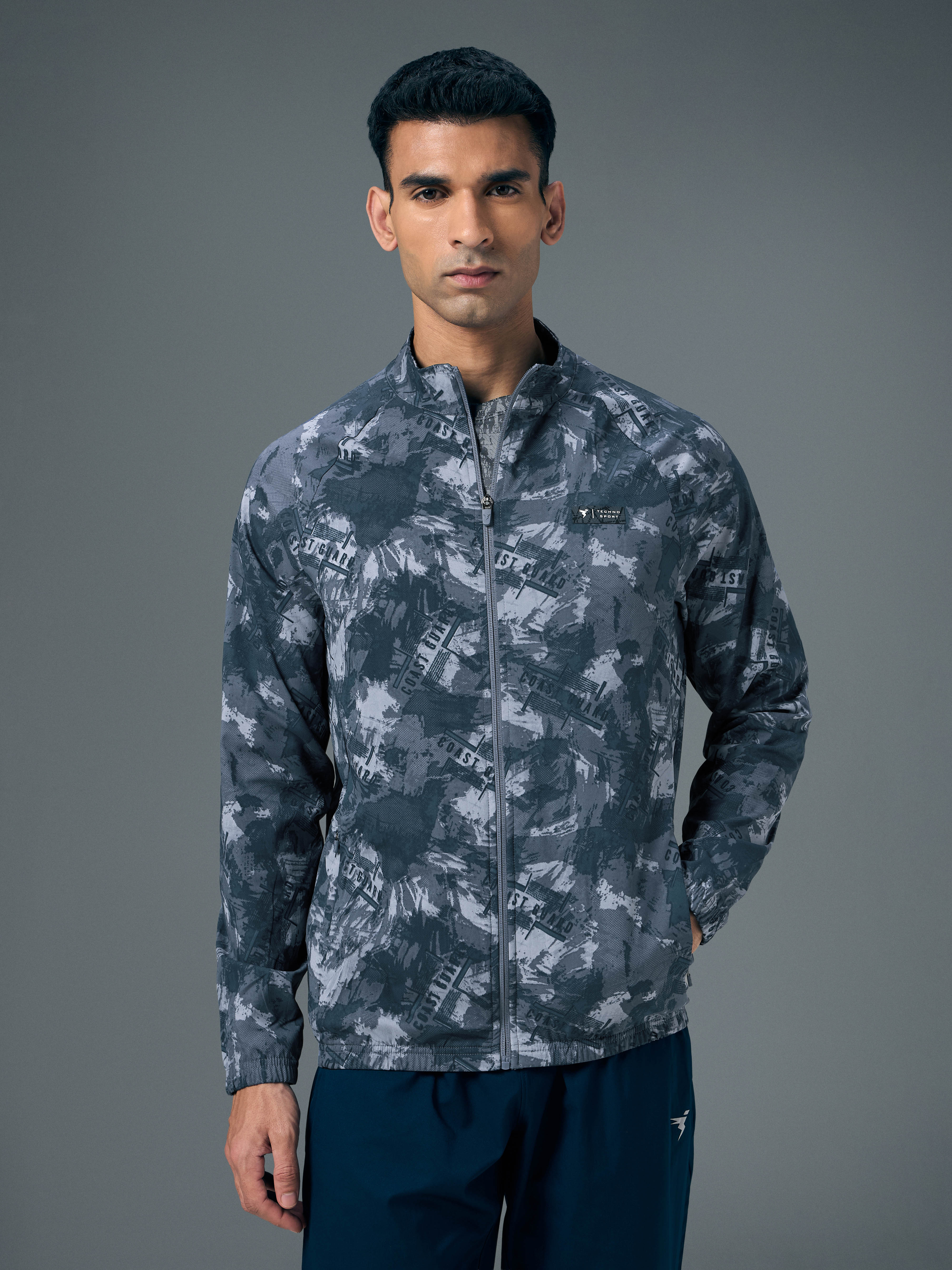 Men Printed Slim Fit Mock Neck Jacket with TS FLEXI - Image 2