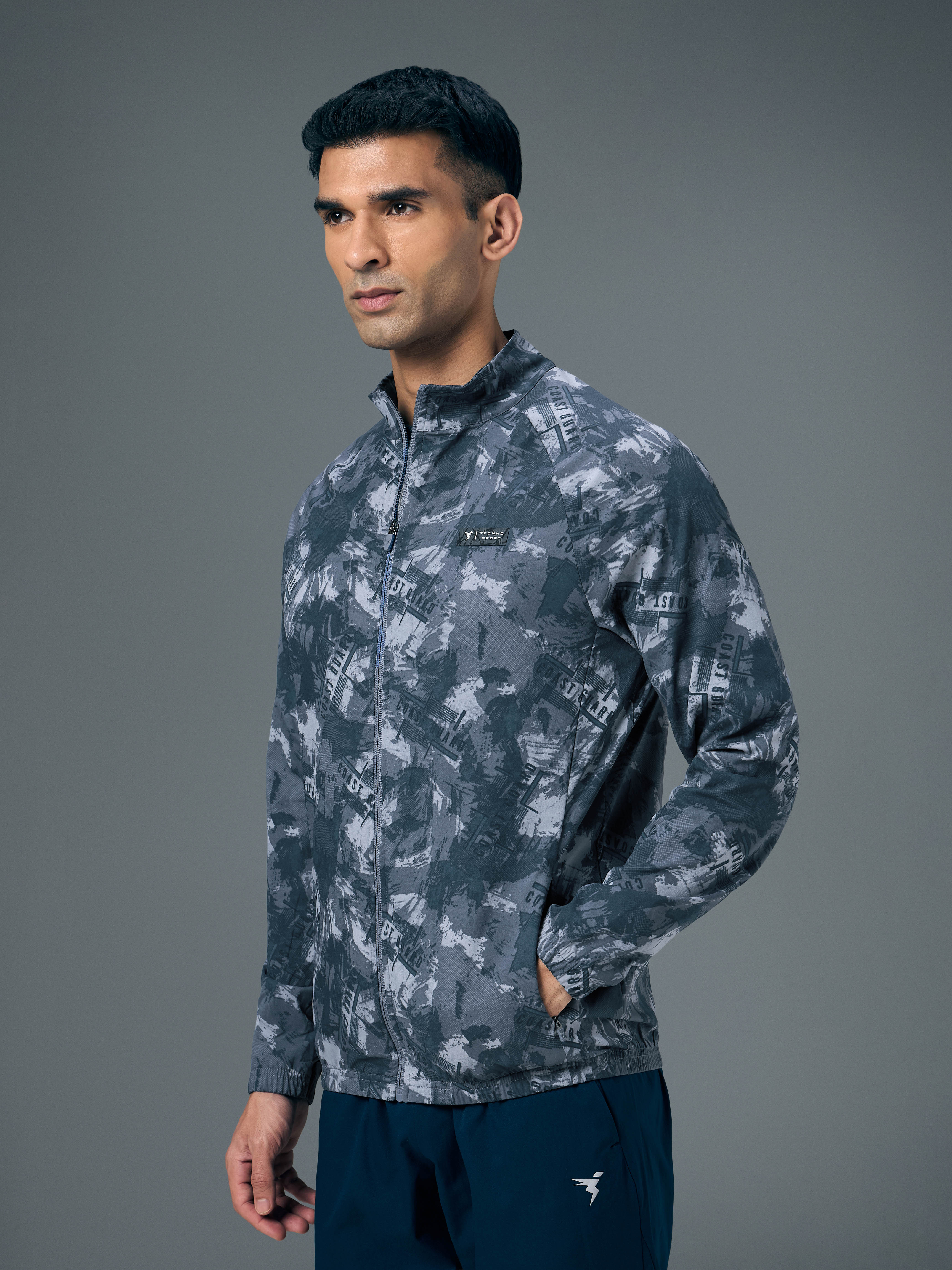 Men Printed Slim Fit Mock Neck Jacket with TS FLEXI - Image 3