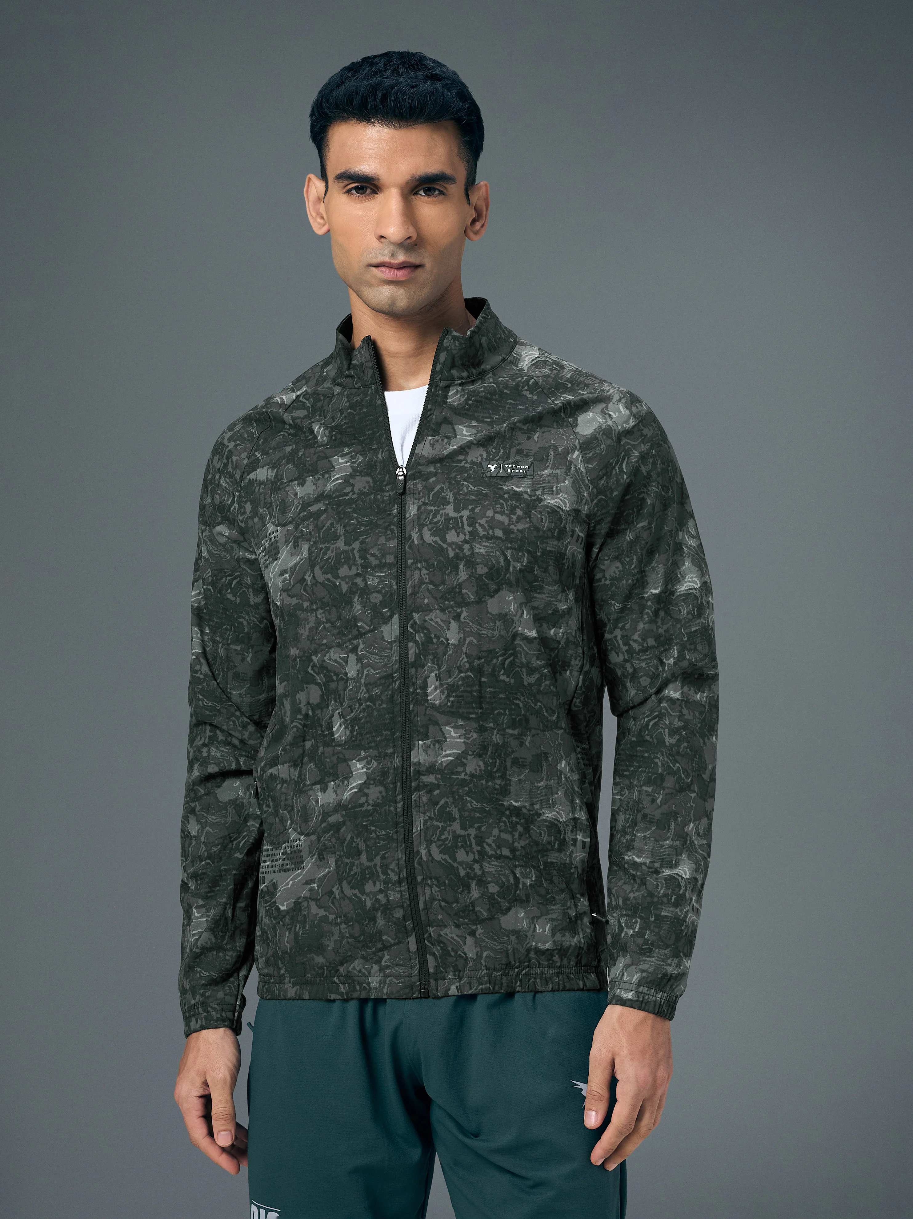 Men Printed Slim Fit Mock Neck Jacket with TS FLEXI - Image 2