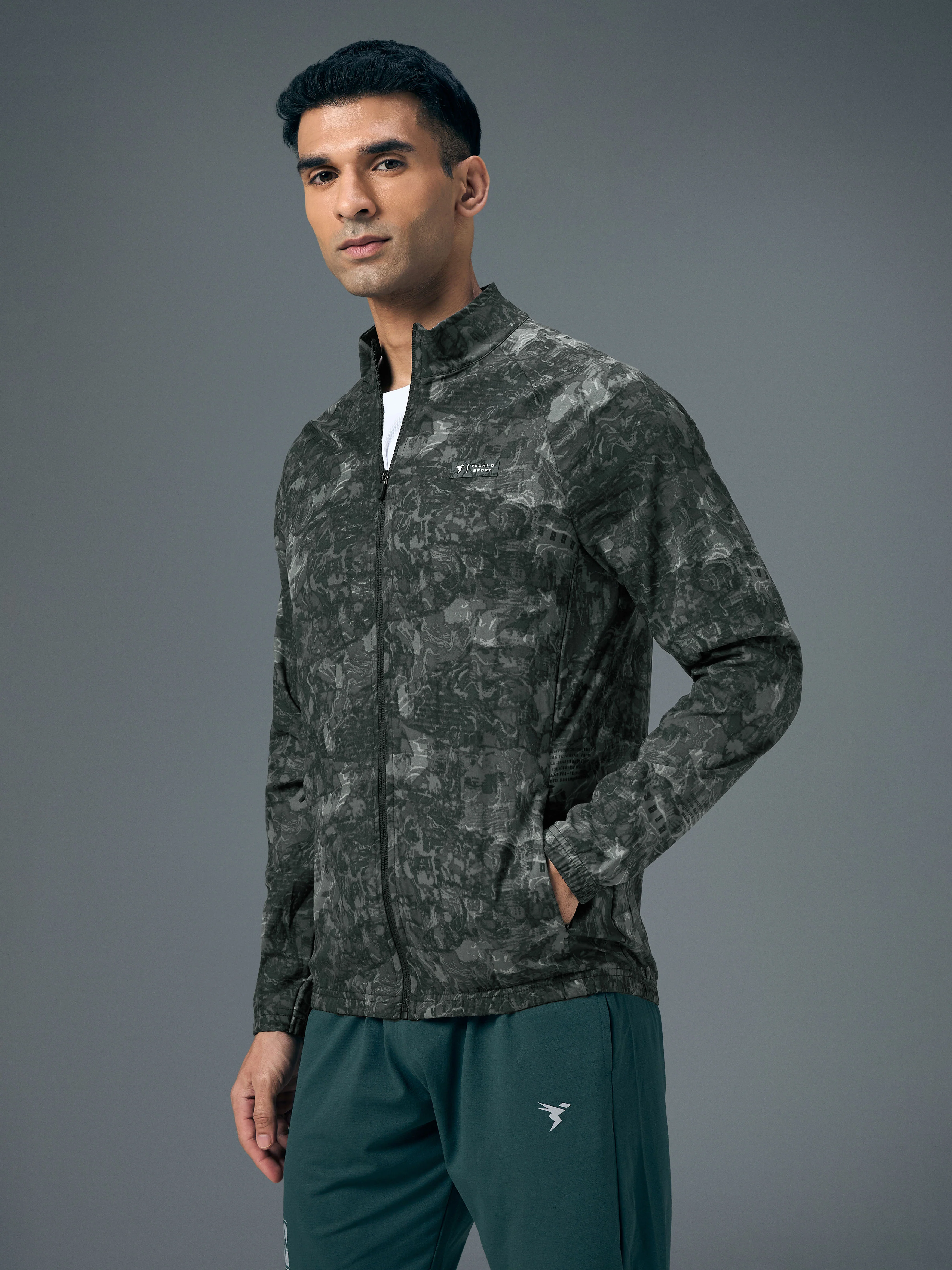 Men Printed Slim Fit Mock Neck Jacket with TS FLEXI - Image 4