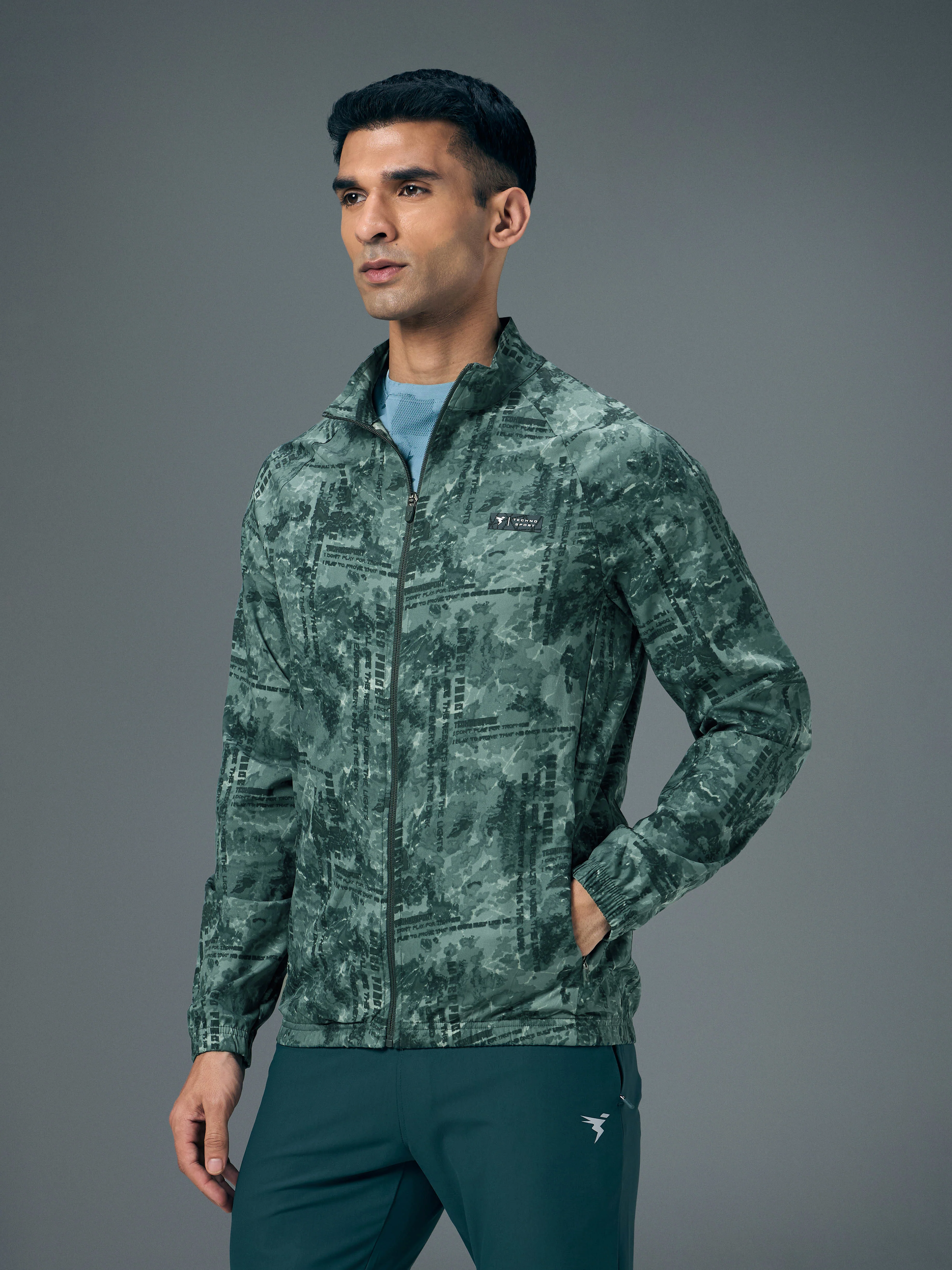 Men Printed Slim Fit Mock Neck Jacket with TS FLEXI - Image 2
