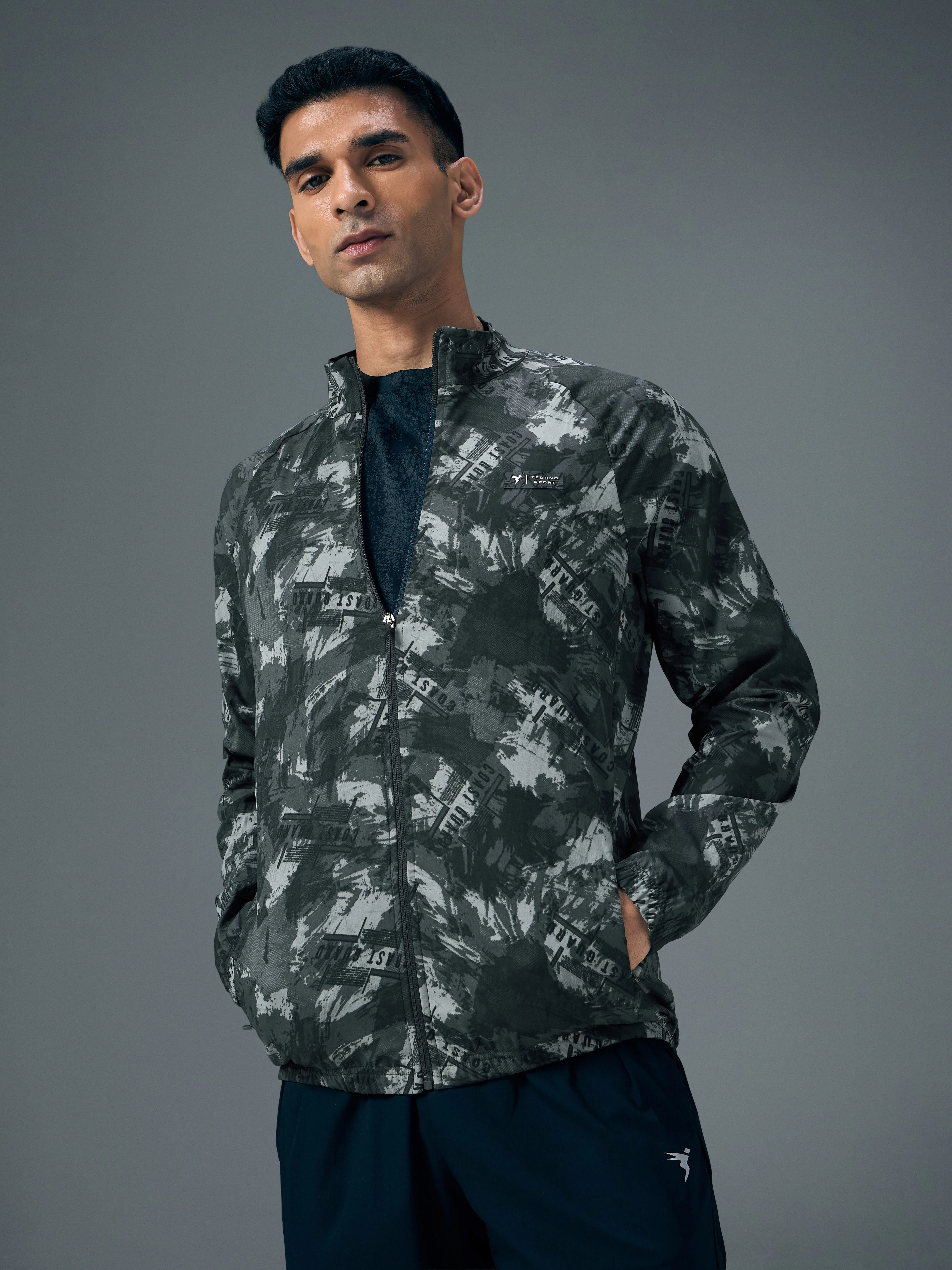 Men Printed Slim Fit Mock Neck Jacket with TS FLEXI