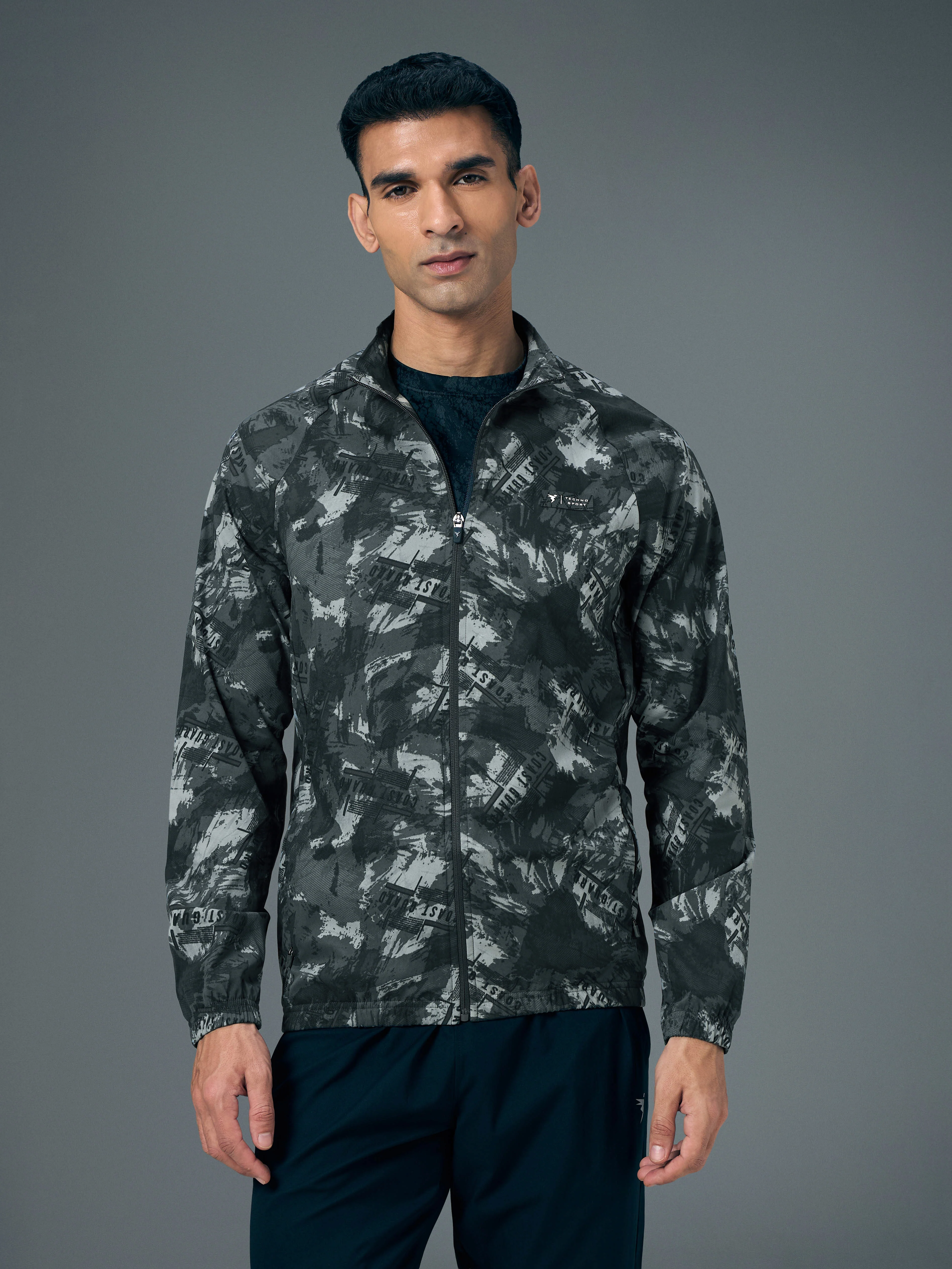 Men Printed Slim Fit Mock Neck Jacket with TS FLEXI - Image 2