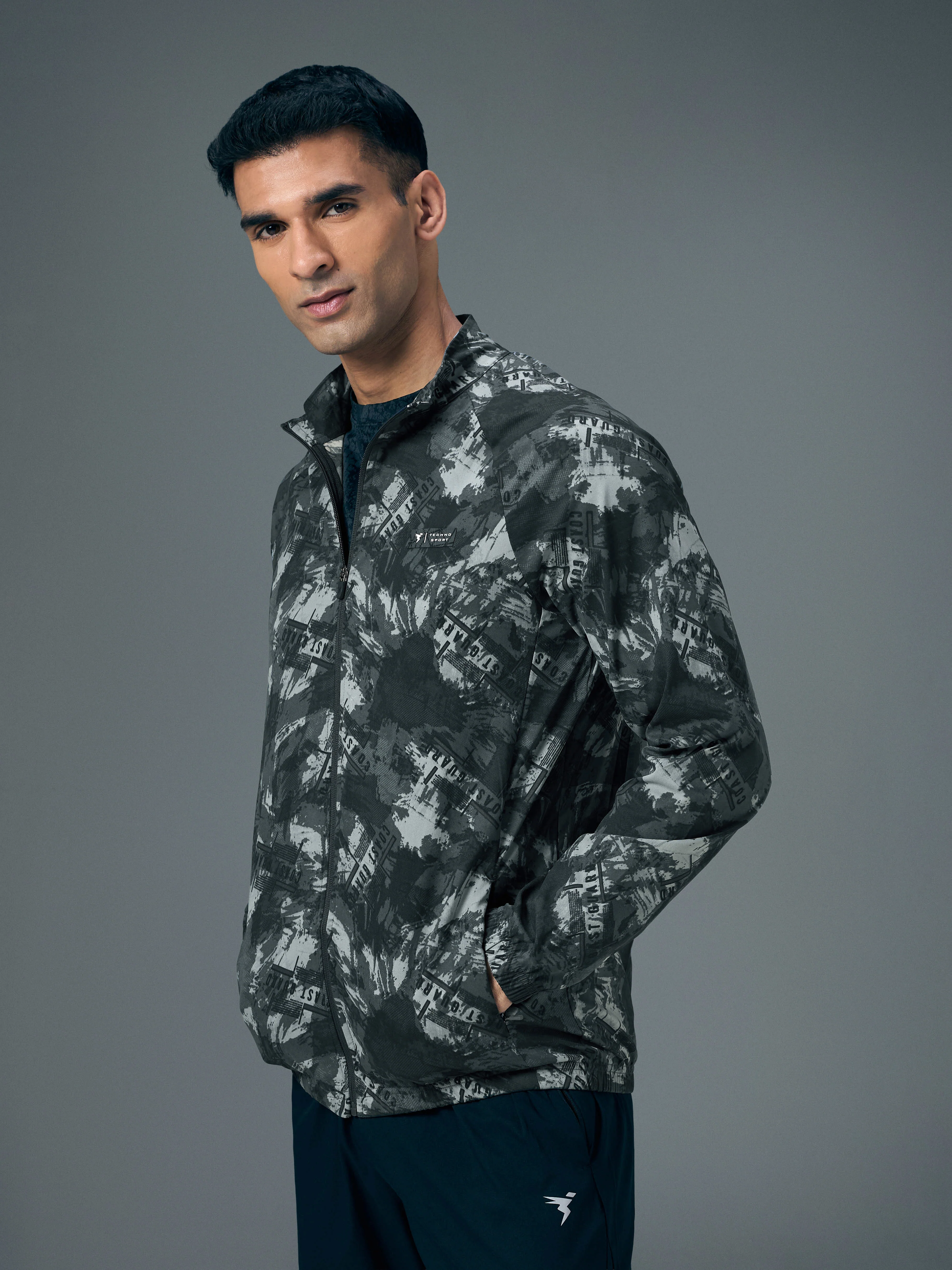 Men Printed Slim Fit Mock Neck Jacket with TS FLEXI - Image 4