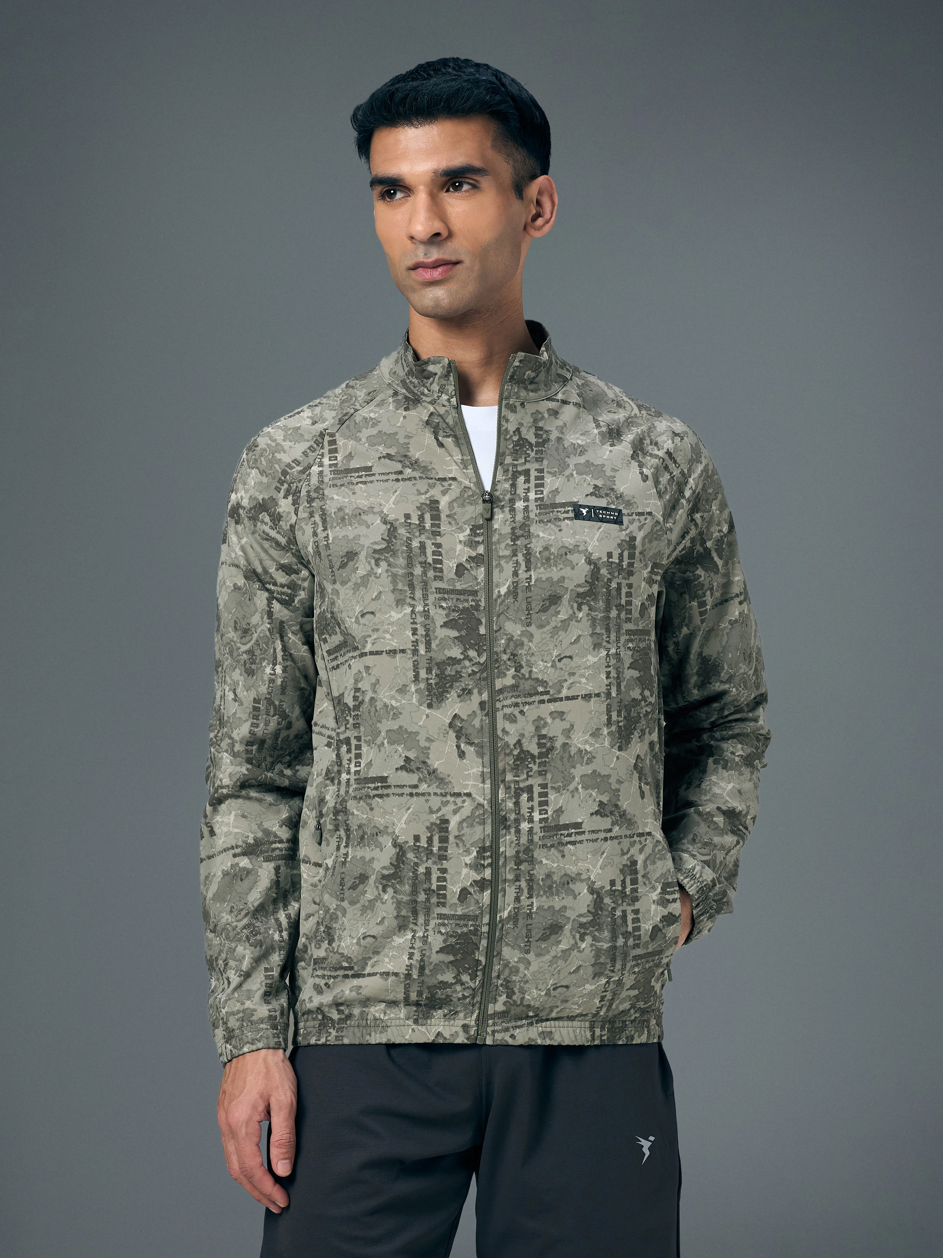 Men Printed Slim Fit Mock Neck Jacket with TS FLEXI - Image 2