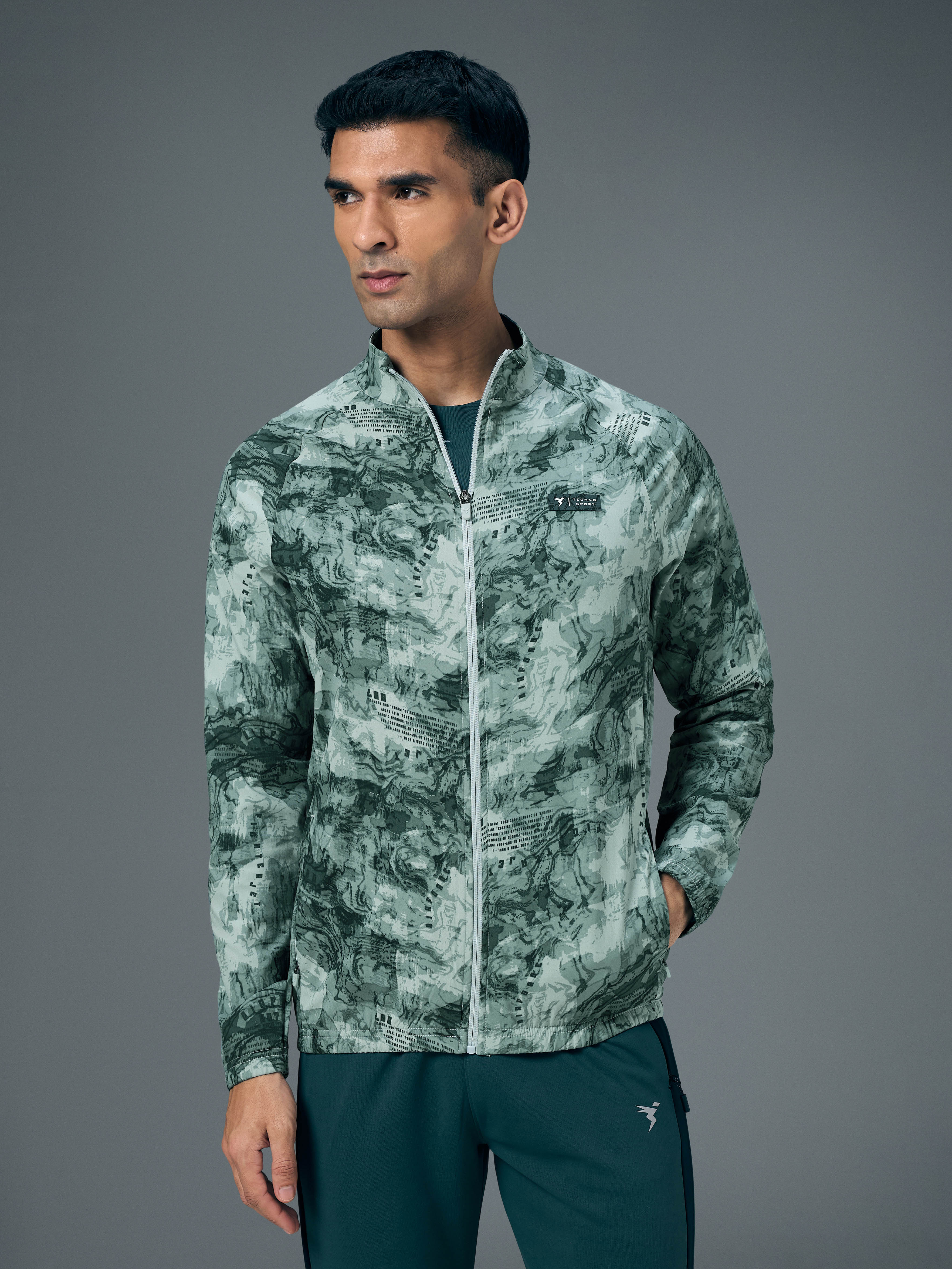 Men Printed Slim Fit Mock Neck Jacket with TS FLEXI - Image 2