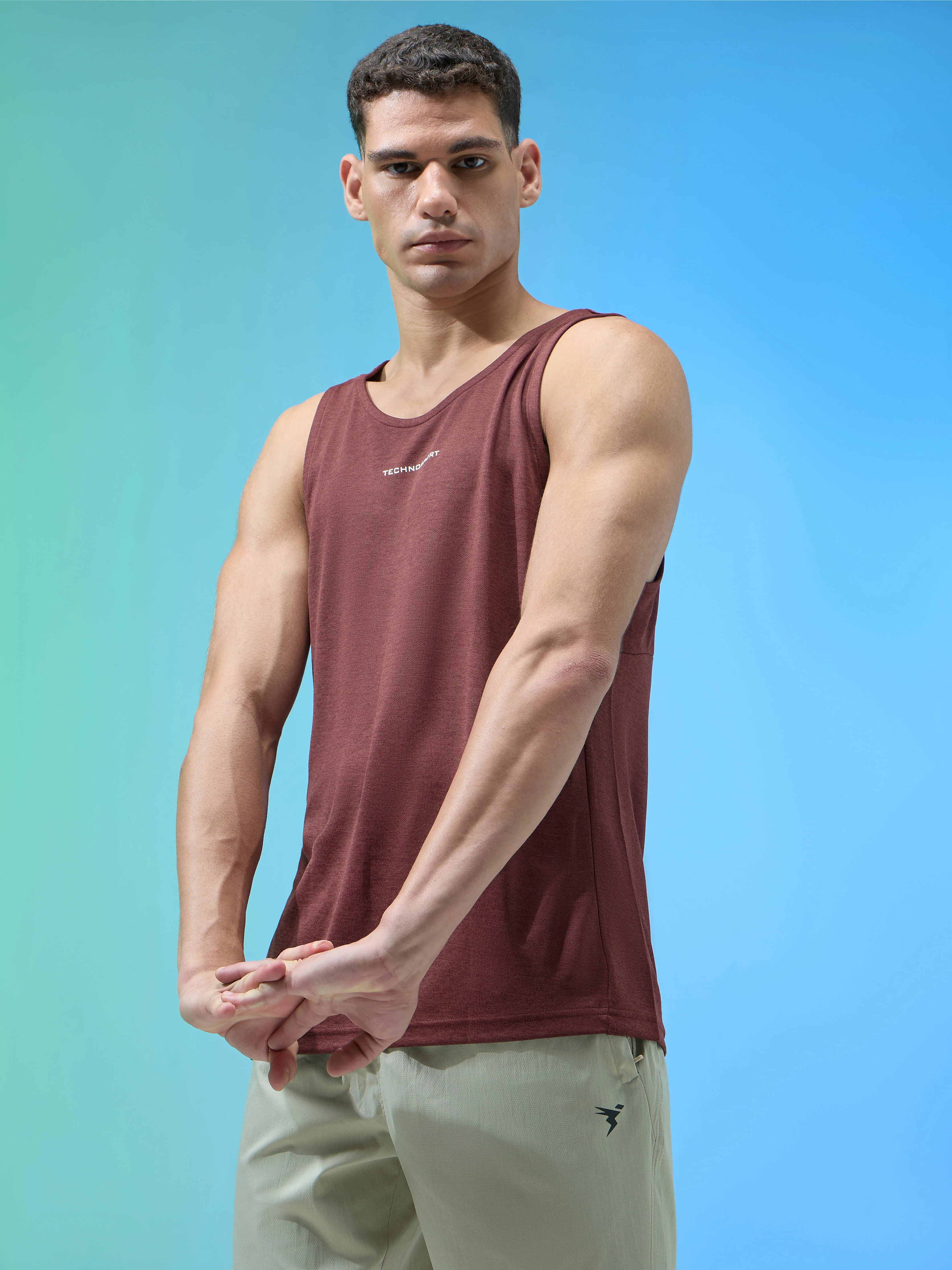 Men Melange Slim Fit Round Neck Sports Innerwear Vest with DOUBLE COOL