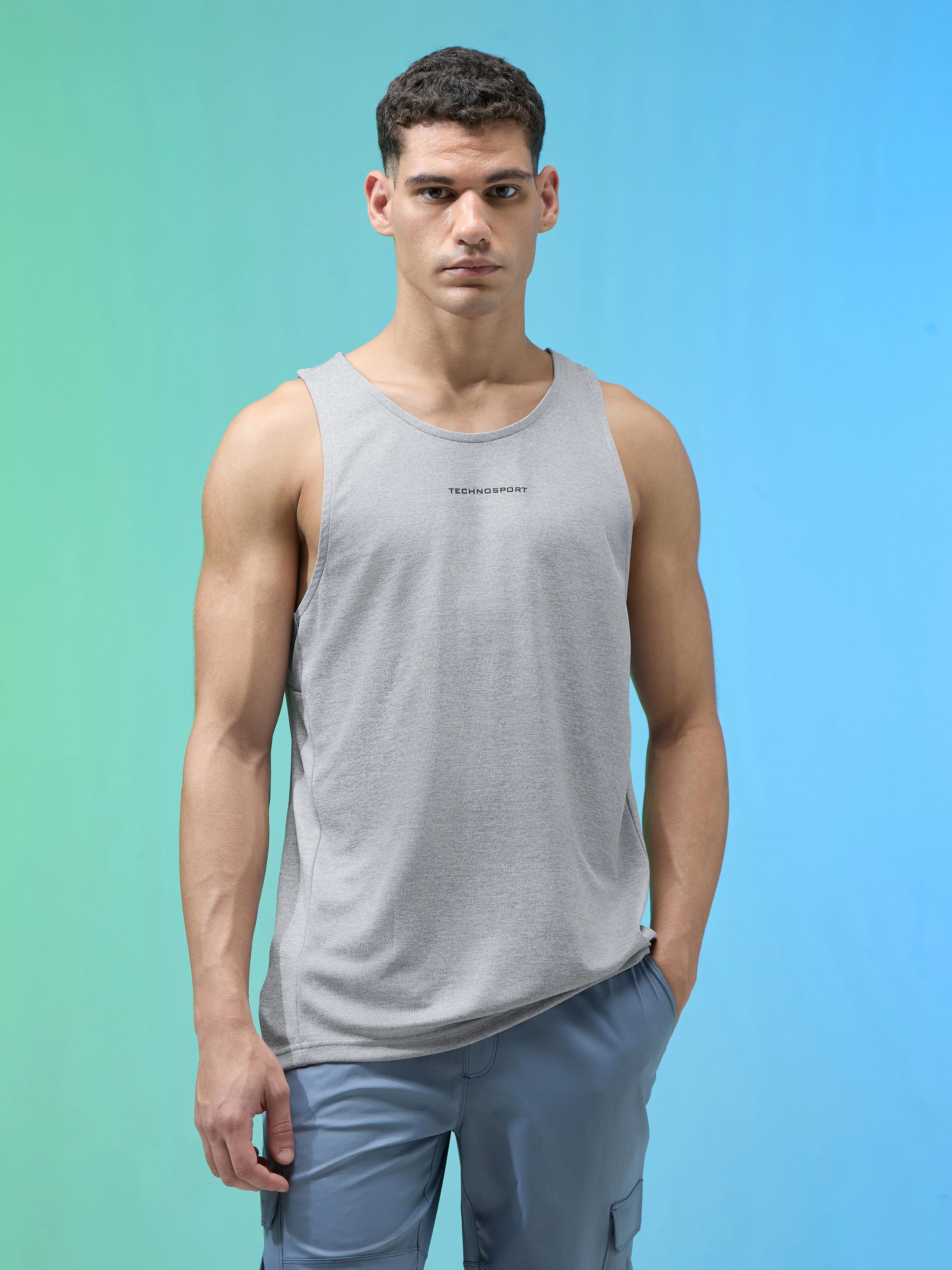 Men Melange Slim Fit Round Neck Sports Innerwear Vest with DOUBLE COOL - Image 2