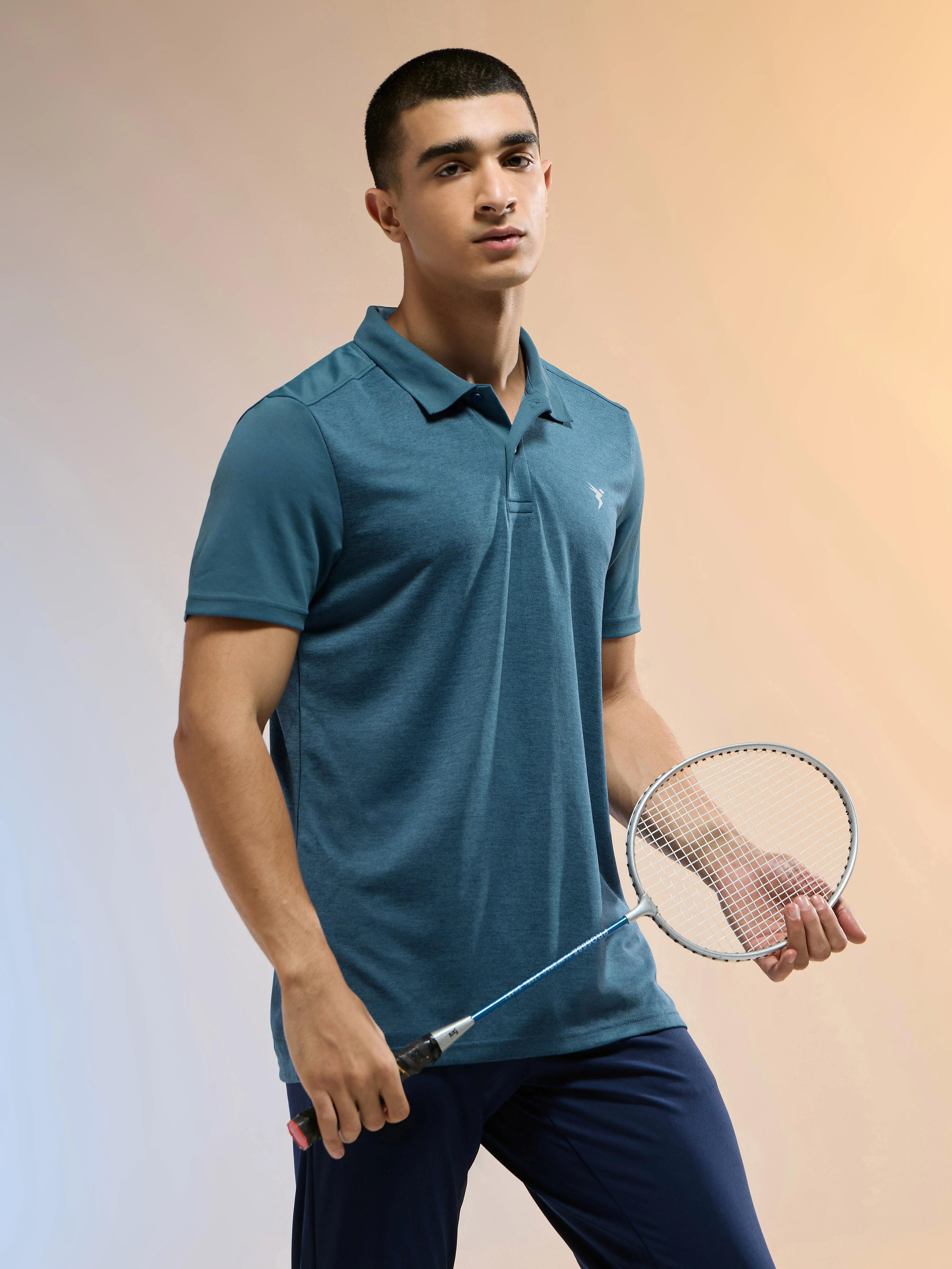 Men Melange Slim Fit Round Neck Sports T-shirt with DOUBLE COOL