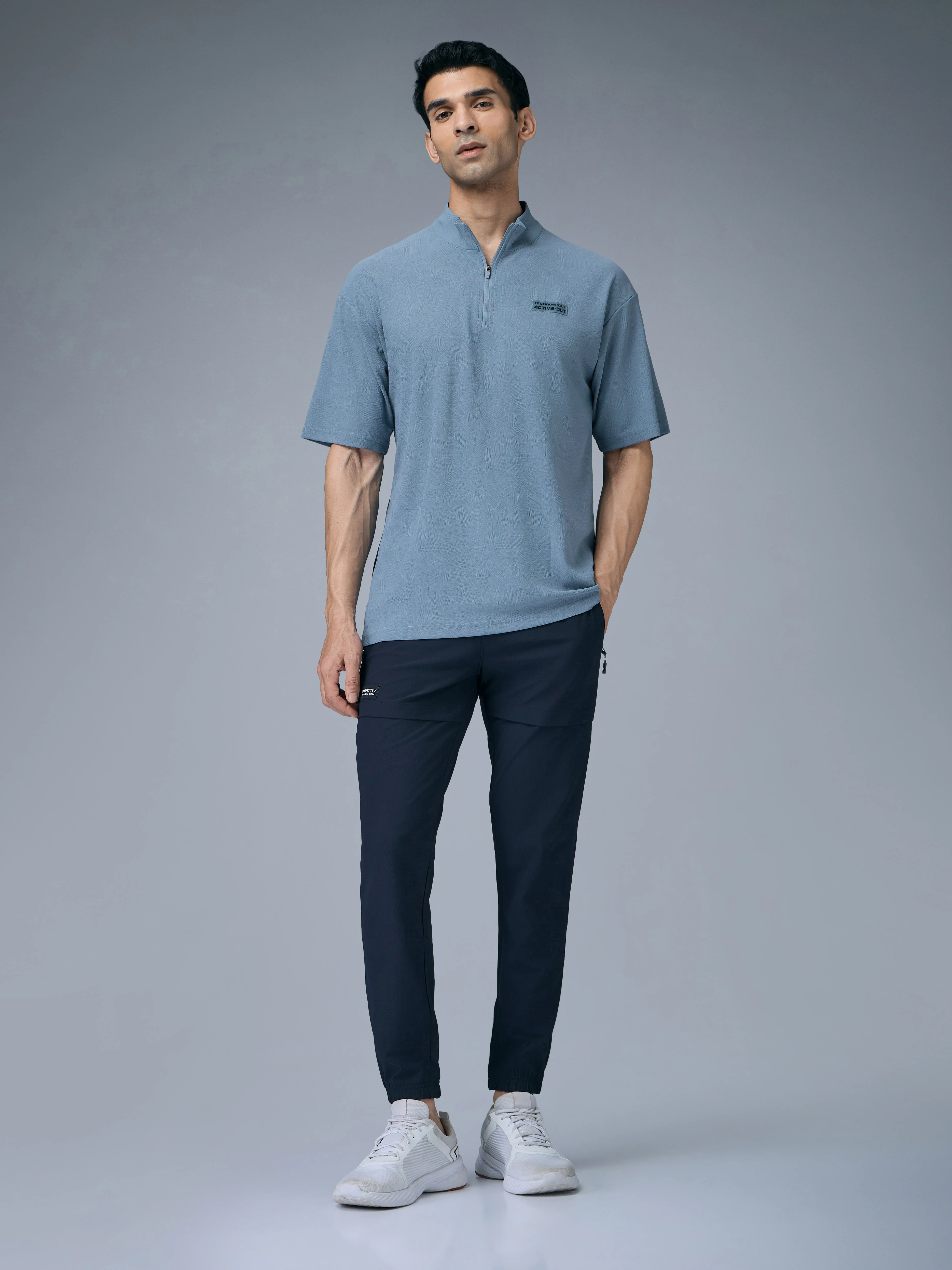 Men Mock Neck Self Design Oversized Active Out T-shirt with MATPIQ - Image 4