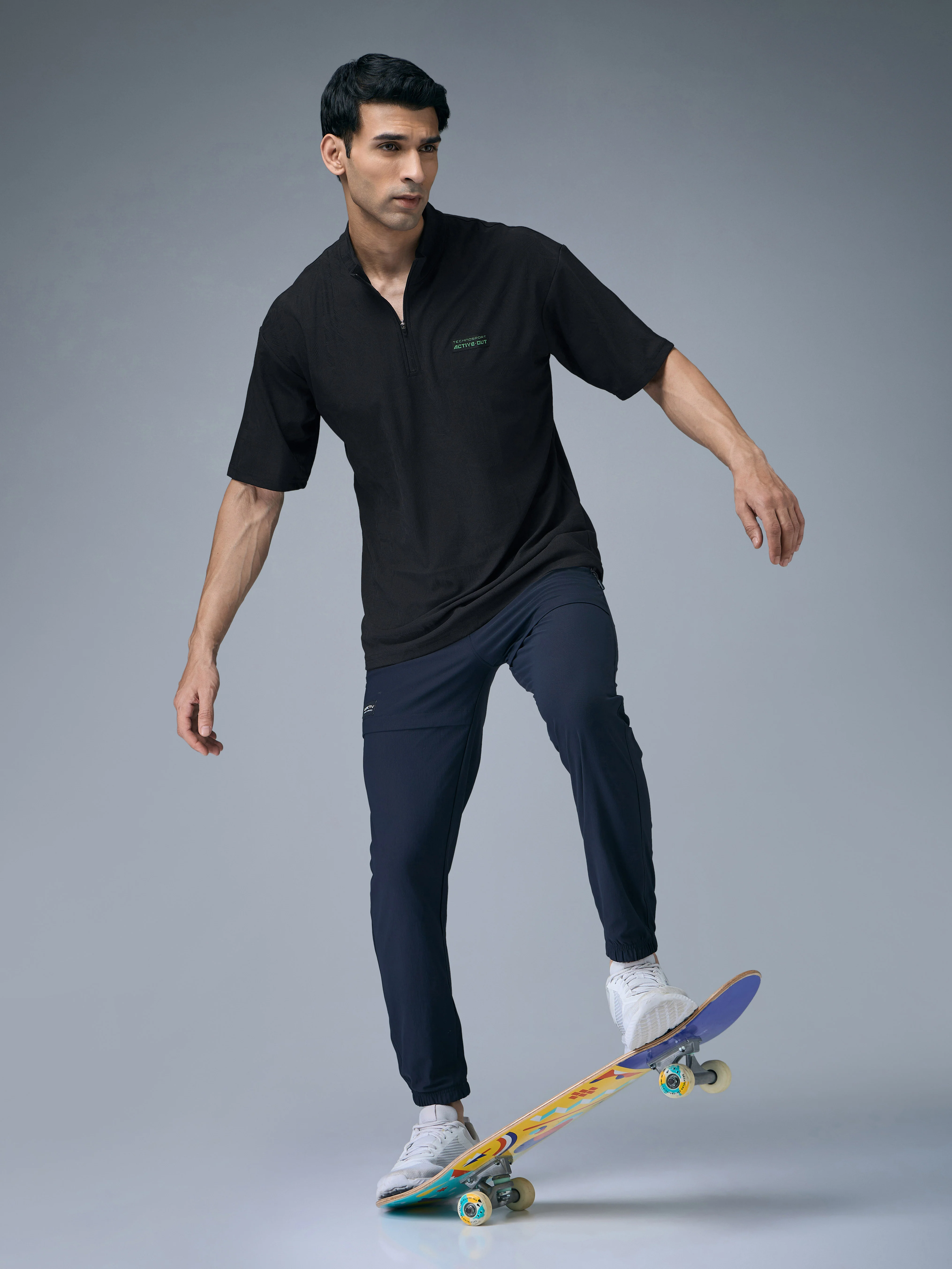 Men Mock Neck Self Design Oversized Active Out T-shirt with MATPIQ - Image 5