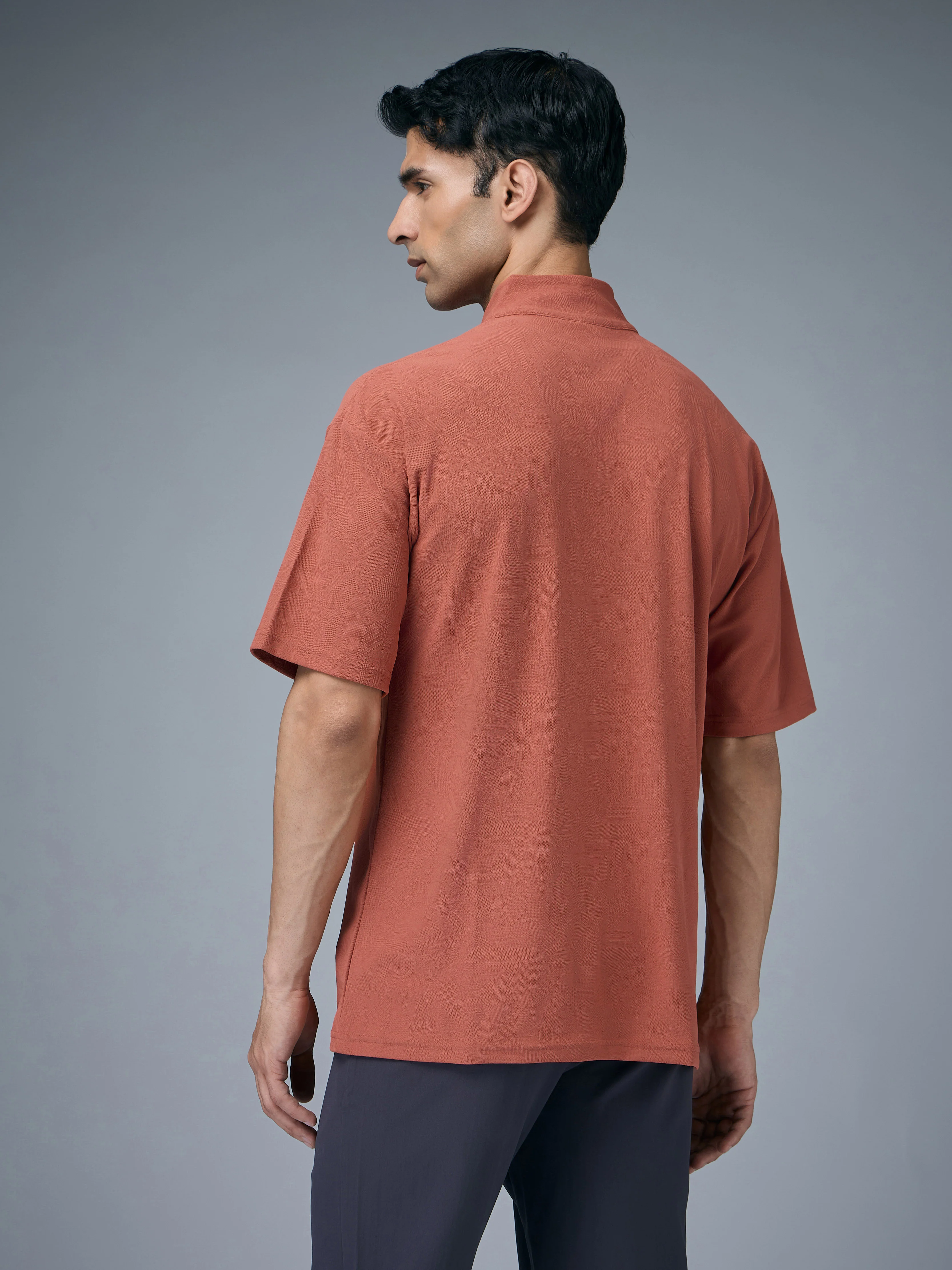 Men Mock Neck Self Design Oversized Active Out T-shirt with MATPIQ - Image 3