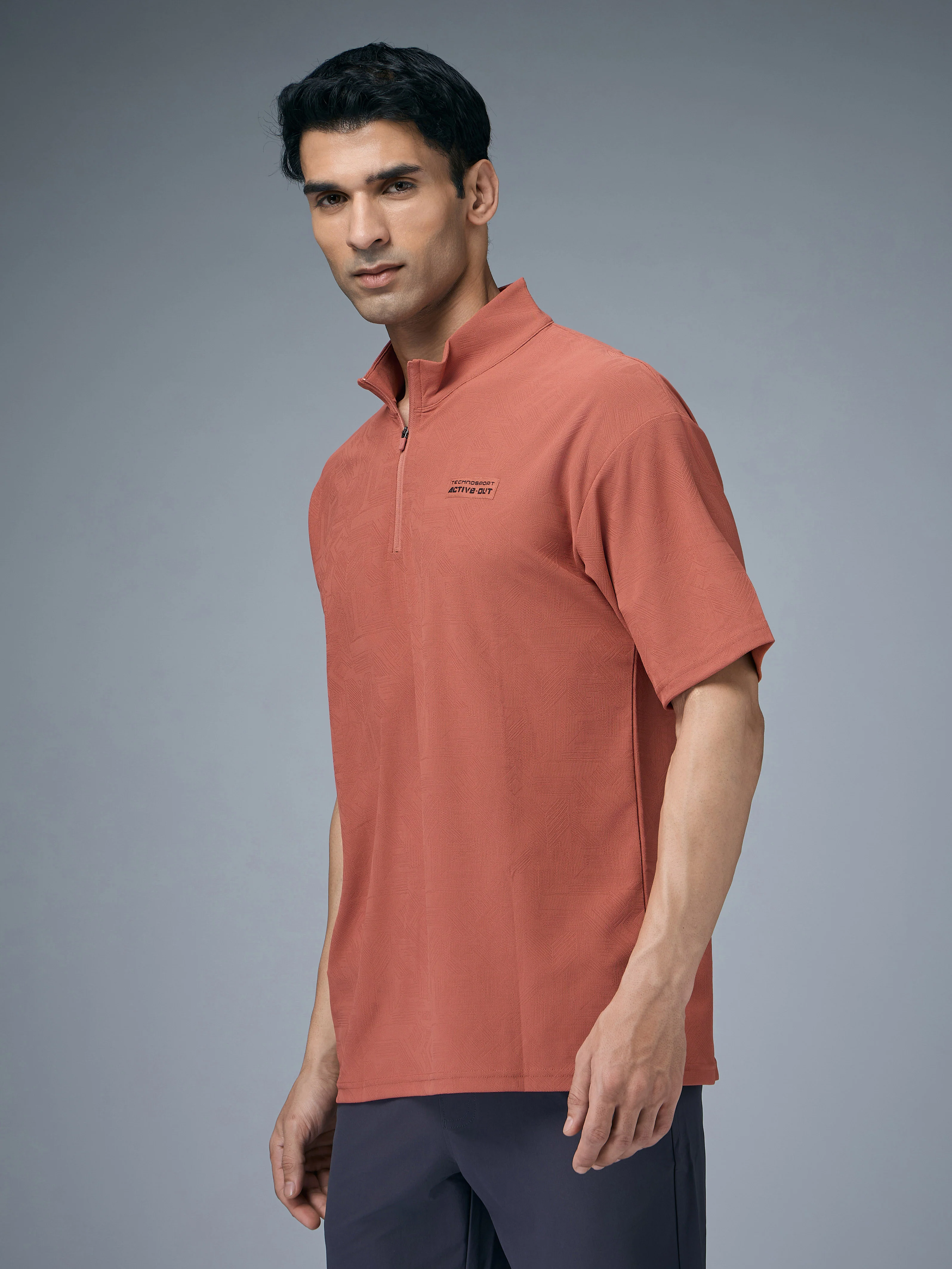 Men Mock Neck Self Design Oversized Active Out T-shirt with MATPIQ - Image 4