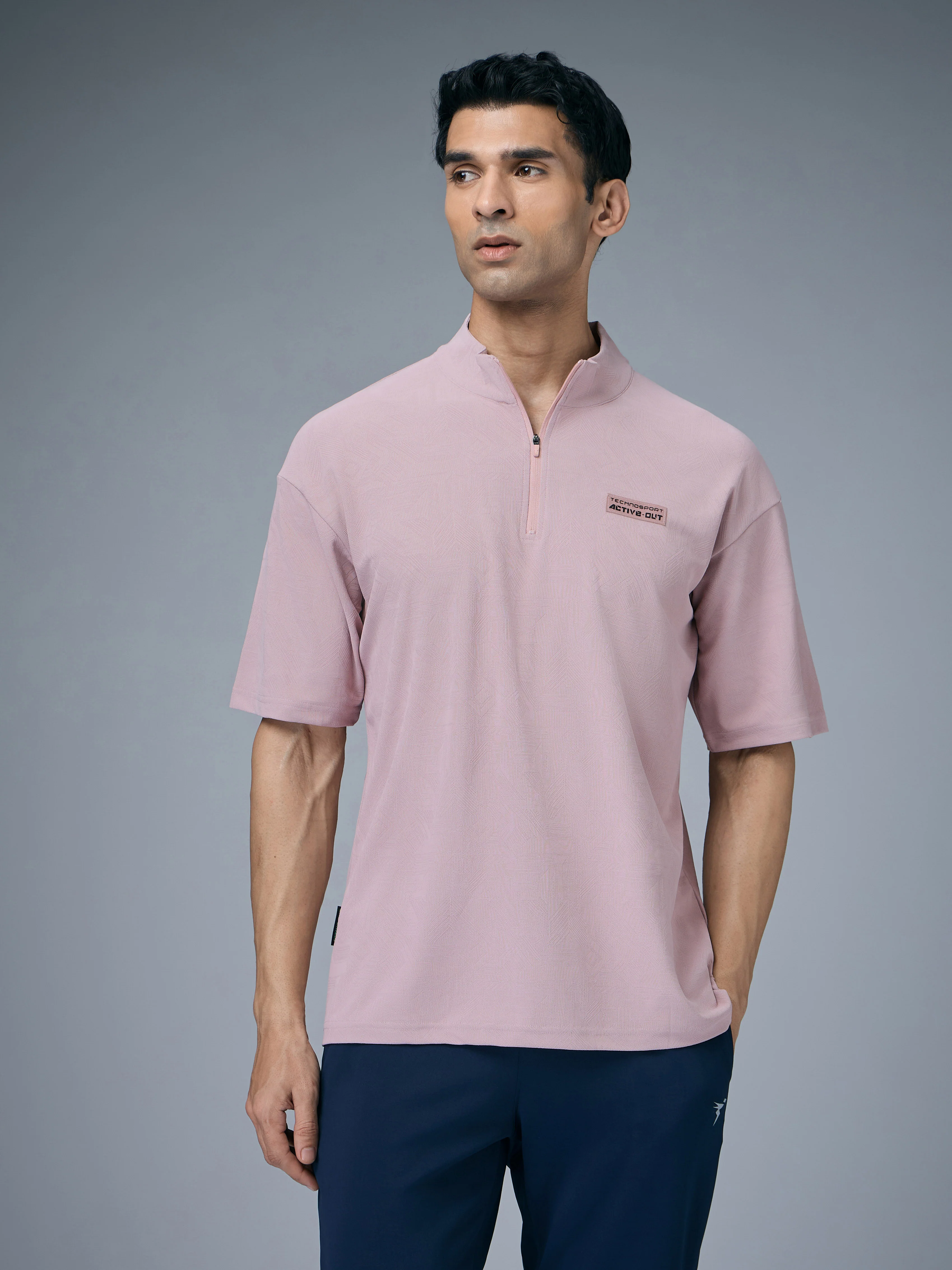 Men Mock Neck Self Design Oversized Active Out T-shirt with MATPIQ - Image 2