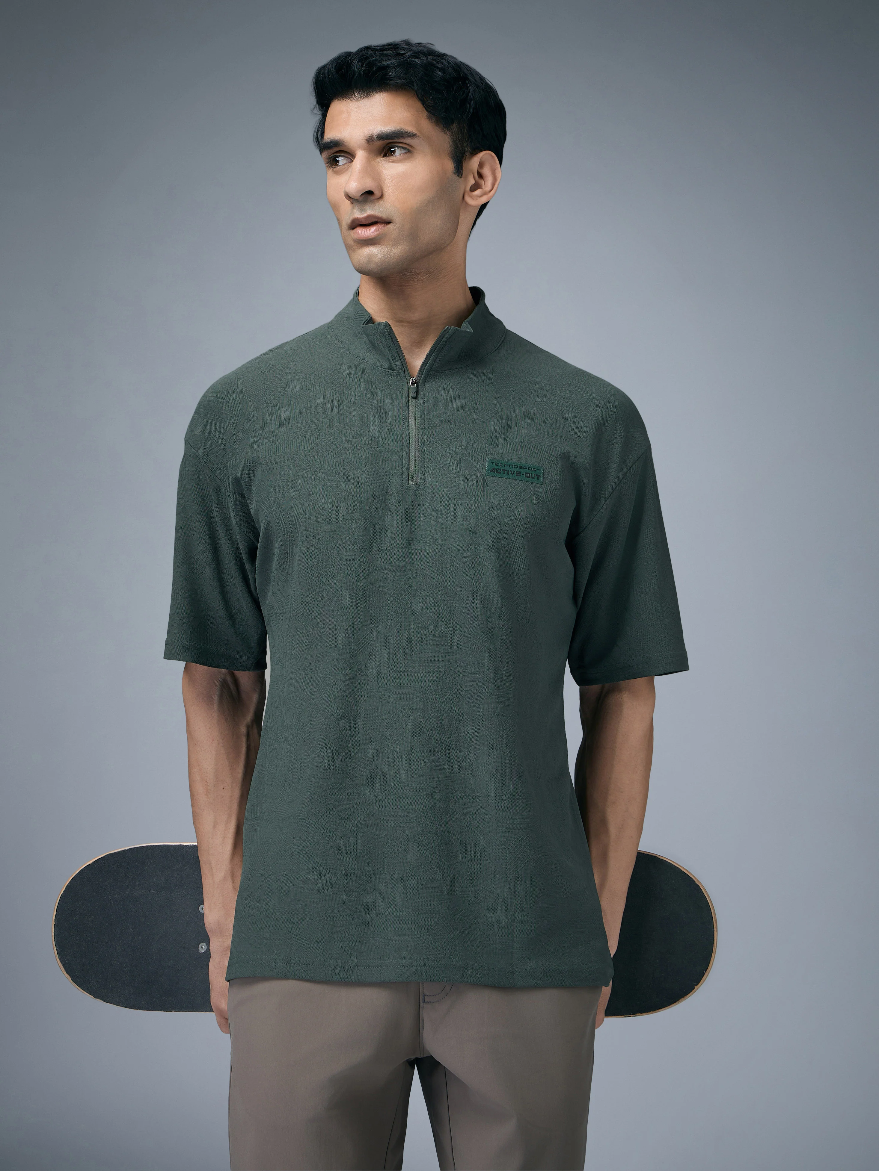 Men Mock Neck Self Design Oversized Active Out T-shirt with MATPIQ