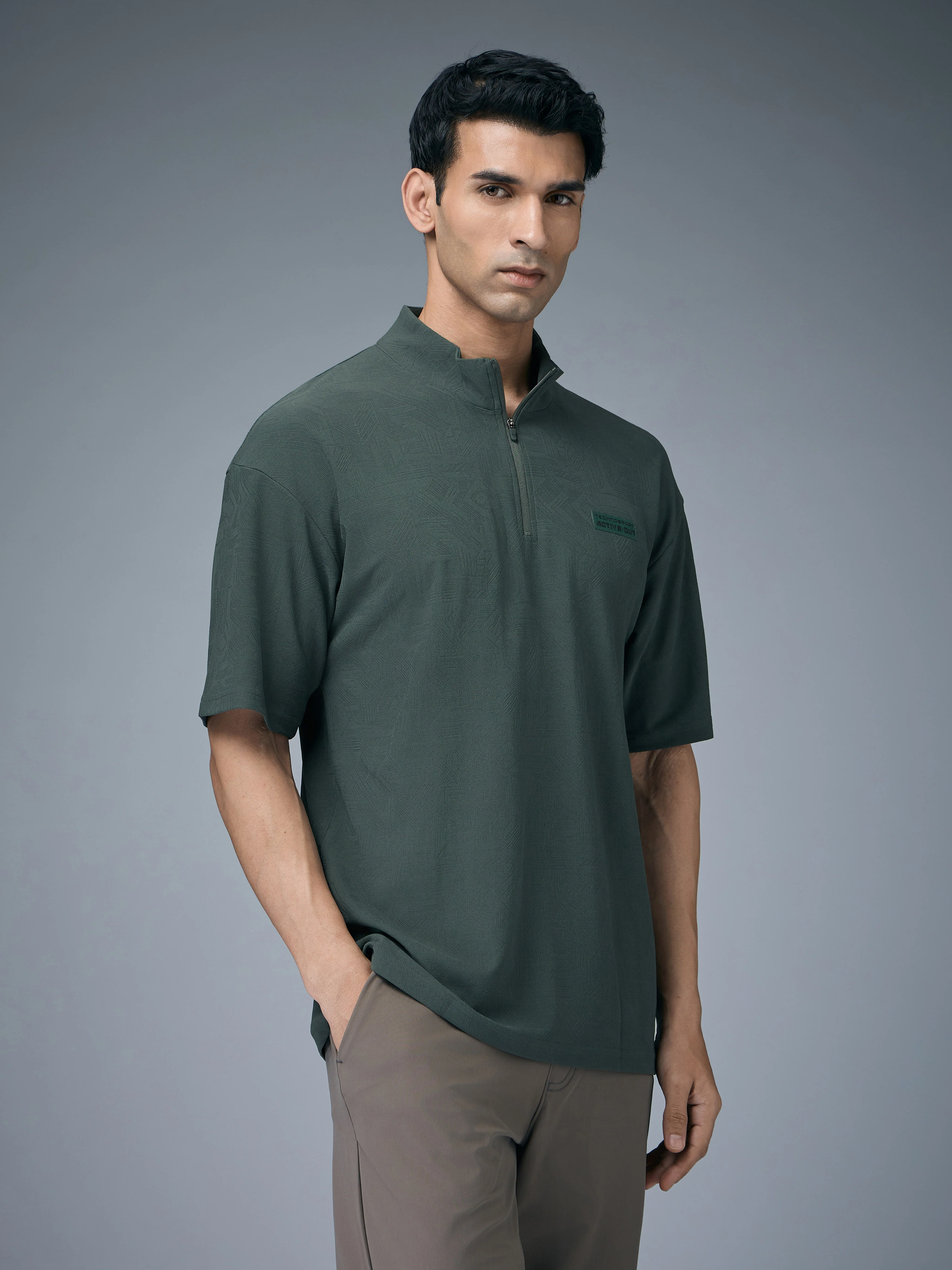 Men Mock Neck Self Design Oversized Active Out T-shirt with MATPIQ - Image 4