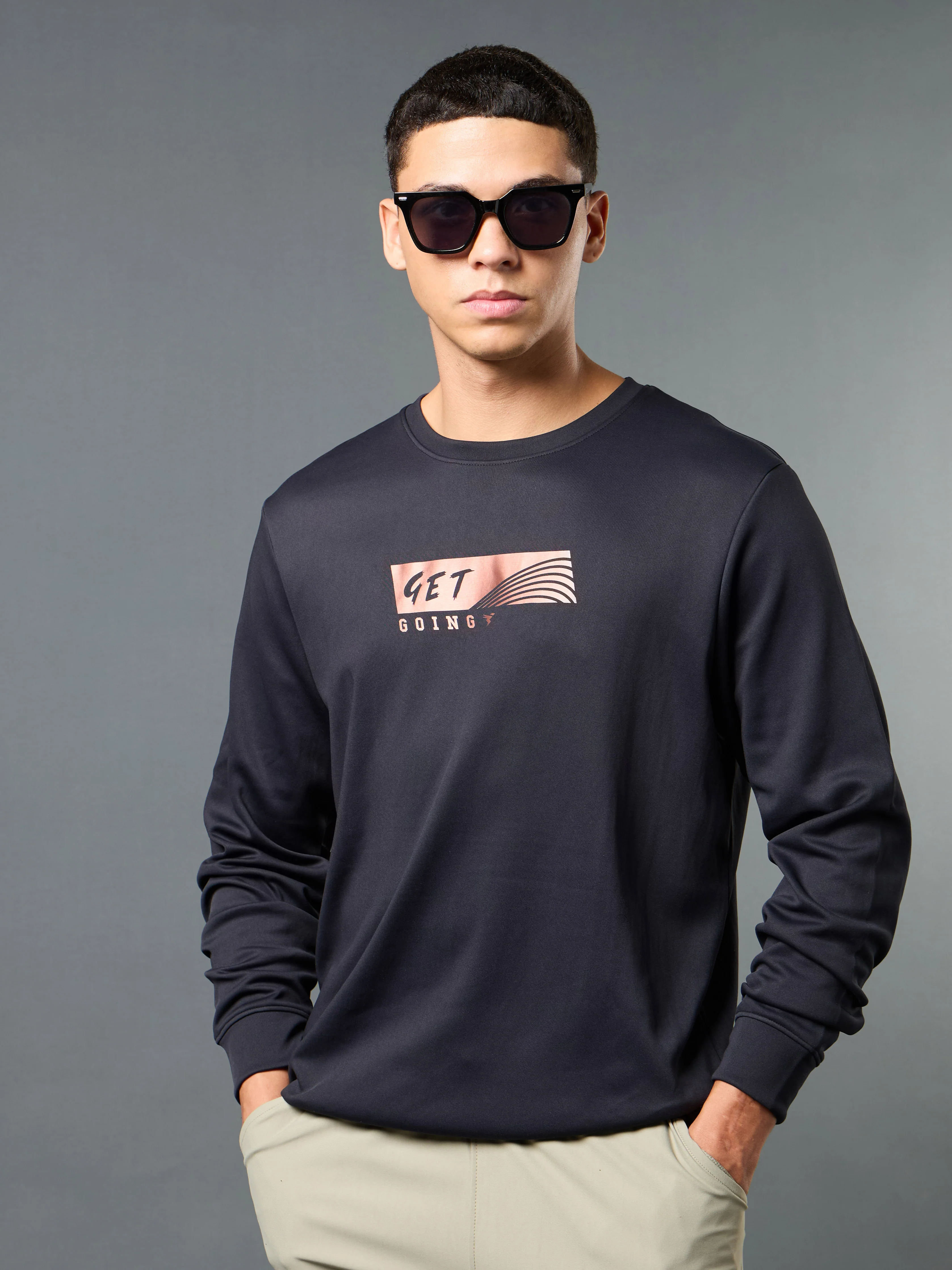 Men Printed Slim Fit Crew Neck Sweatshirt with ELASTO PLUS