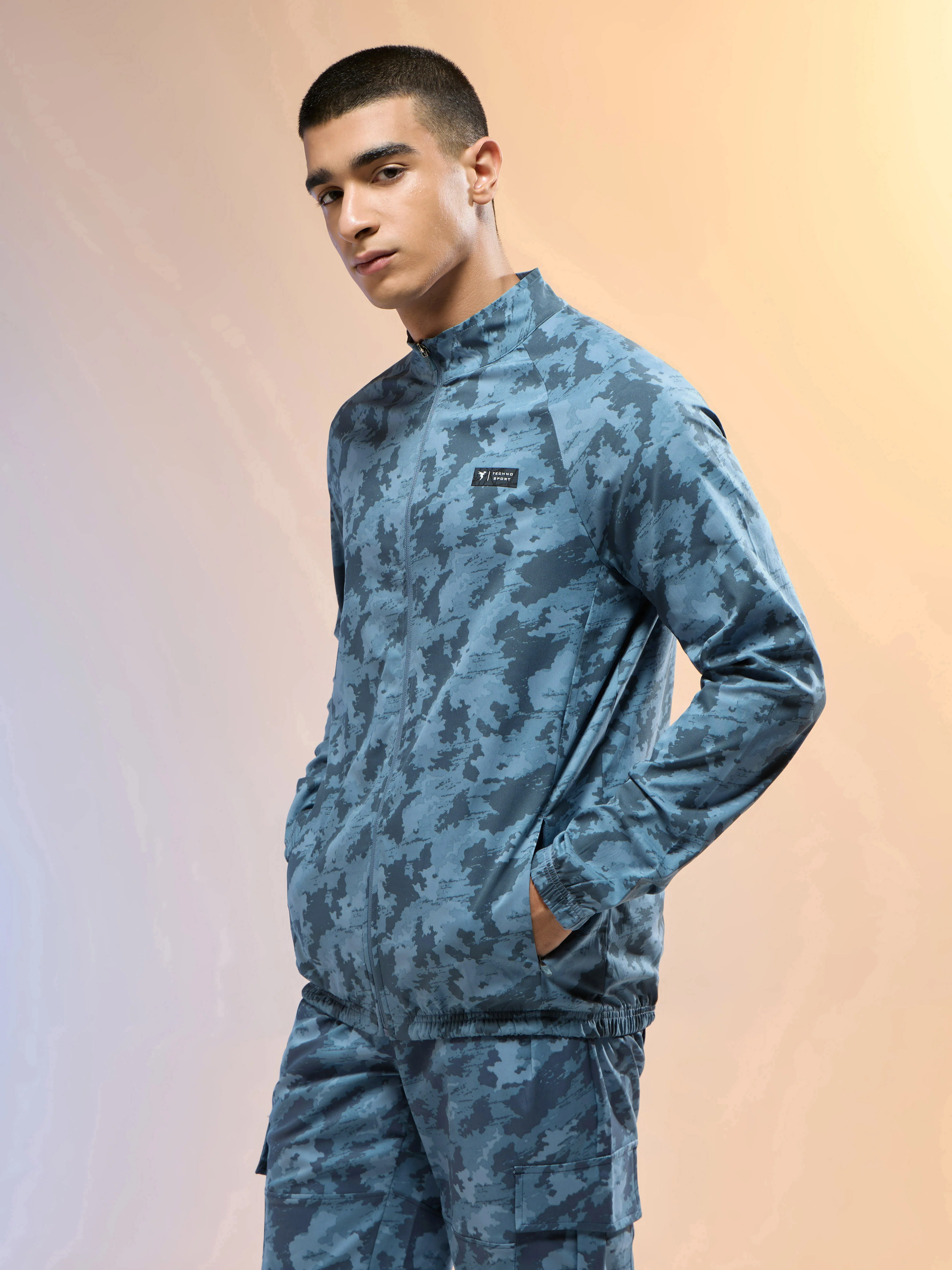 Men Printed Slim Fit Mock Neck Jacket with TS FLEXI - Image 3