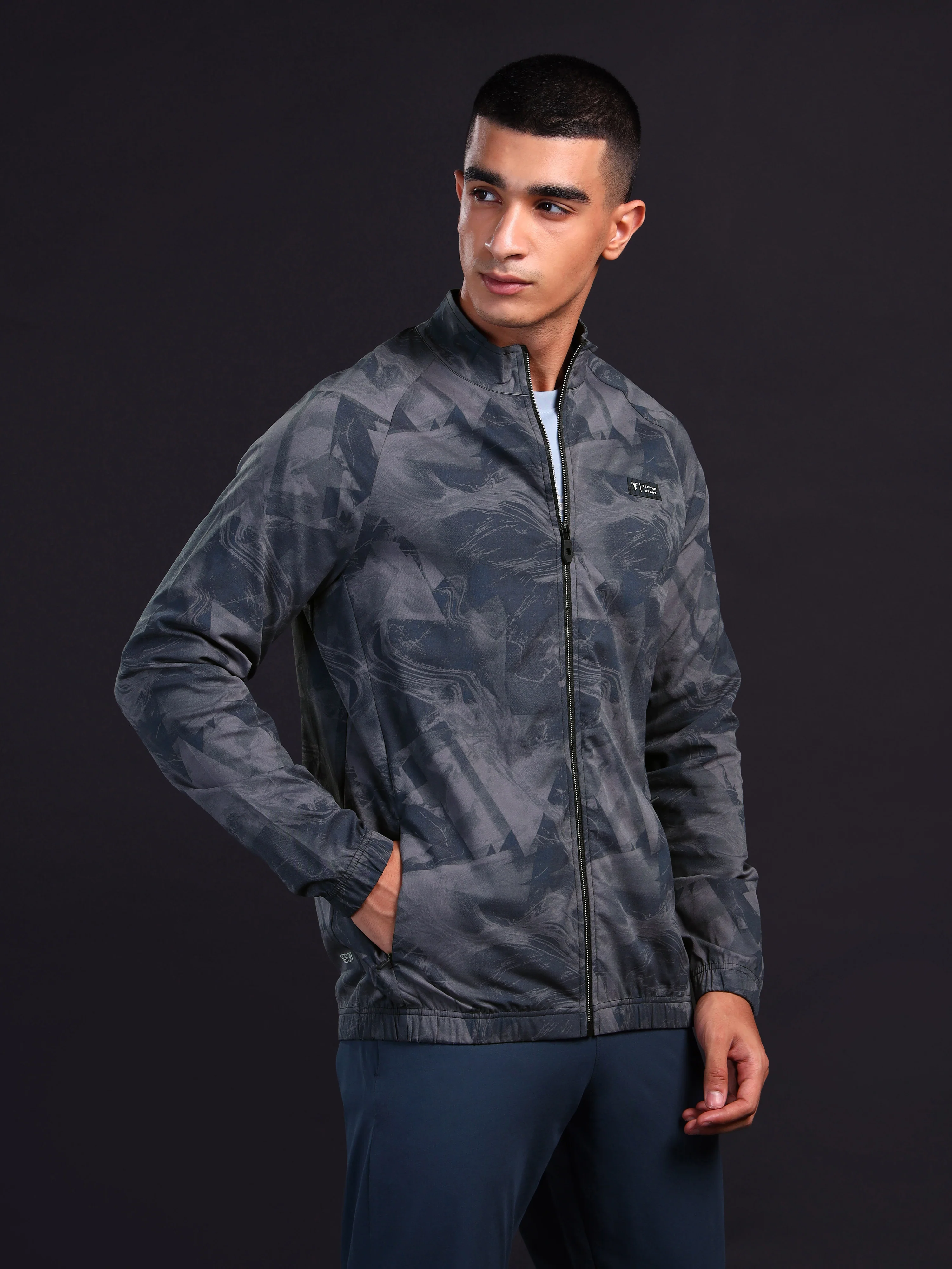Men Printed Slim Fit Mock Neck Jacket with TS FLEXI - Image 3