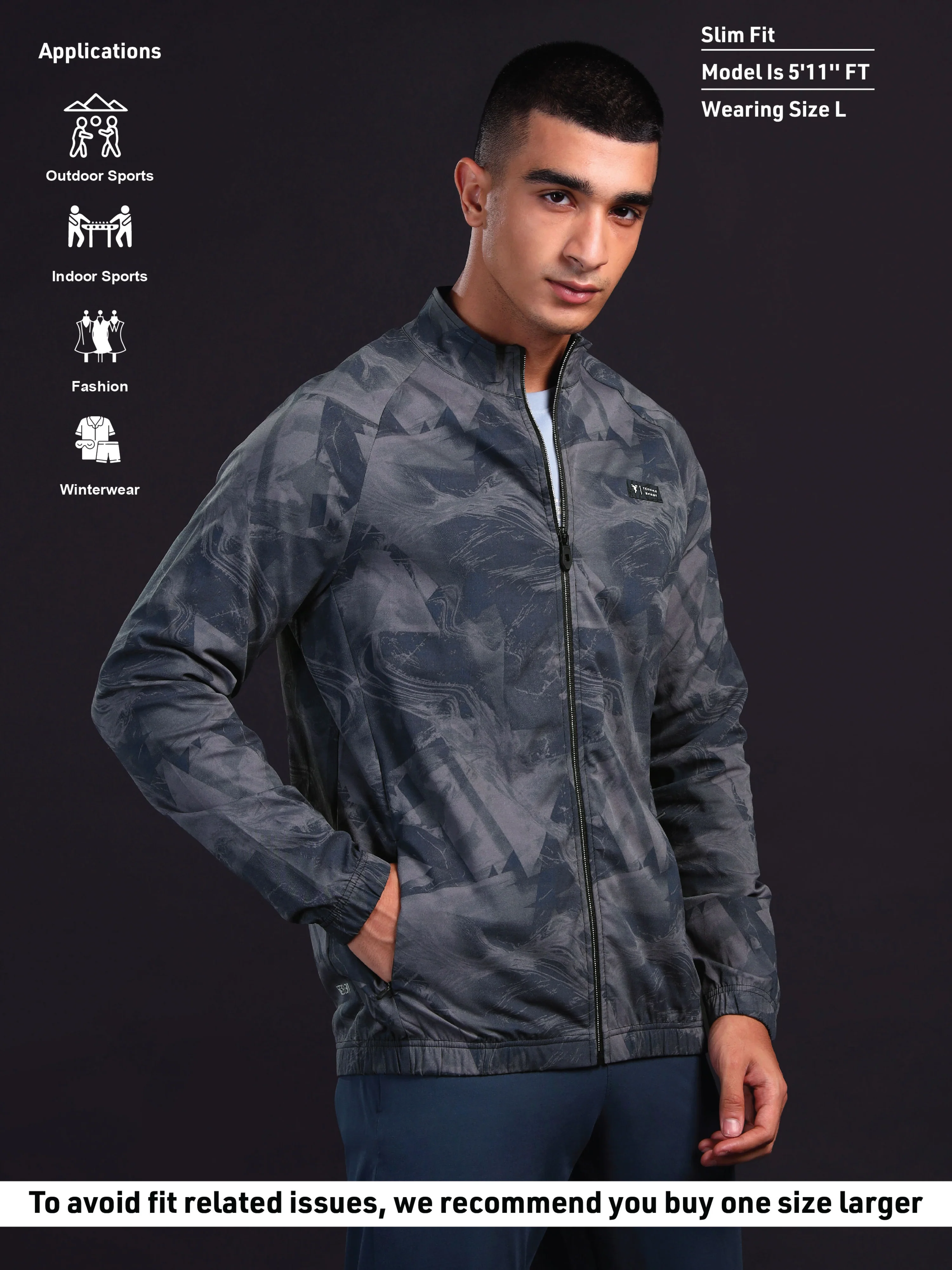 Men Printed Slim Fit Mock Neck Jacket with TS FLEXI - Image 5