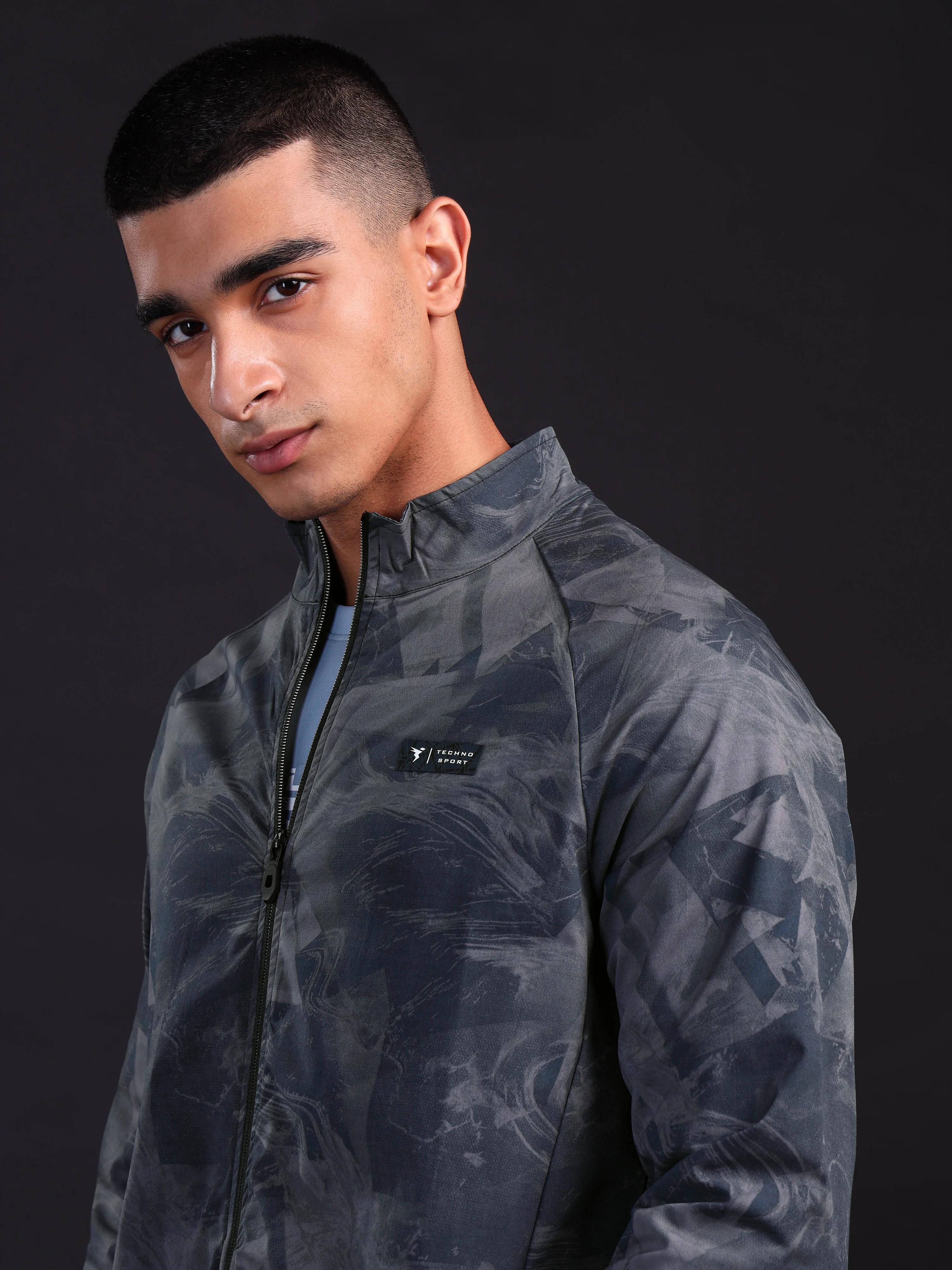 Men Printed Slim Fit Mock Neck Jacket with TS FLEXI - Image 6