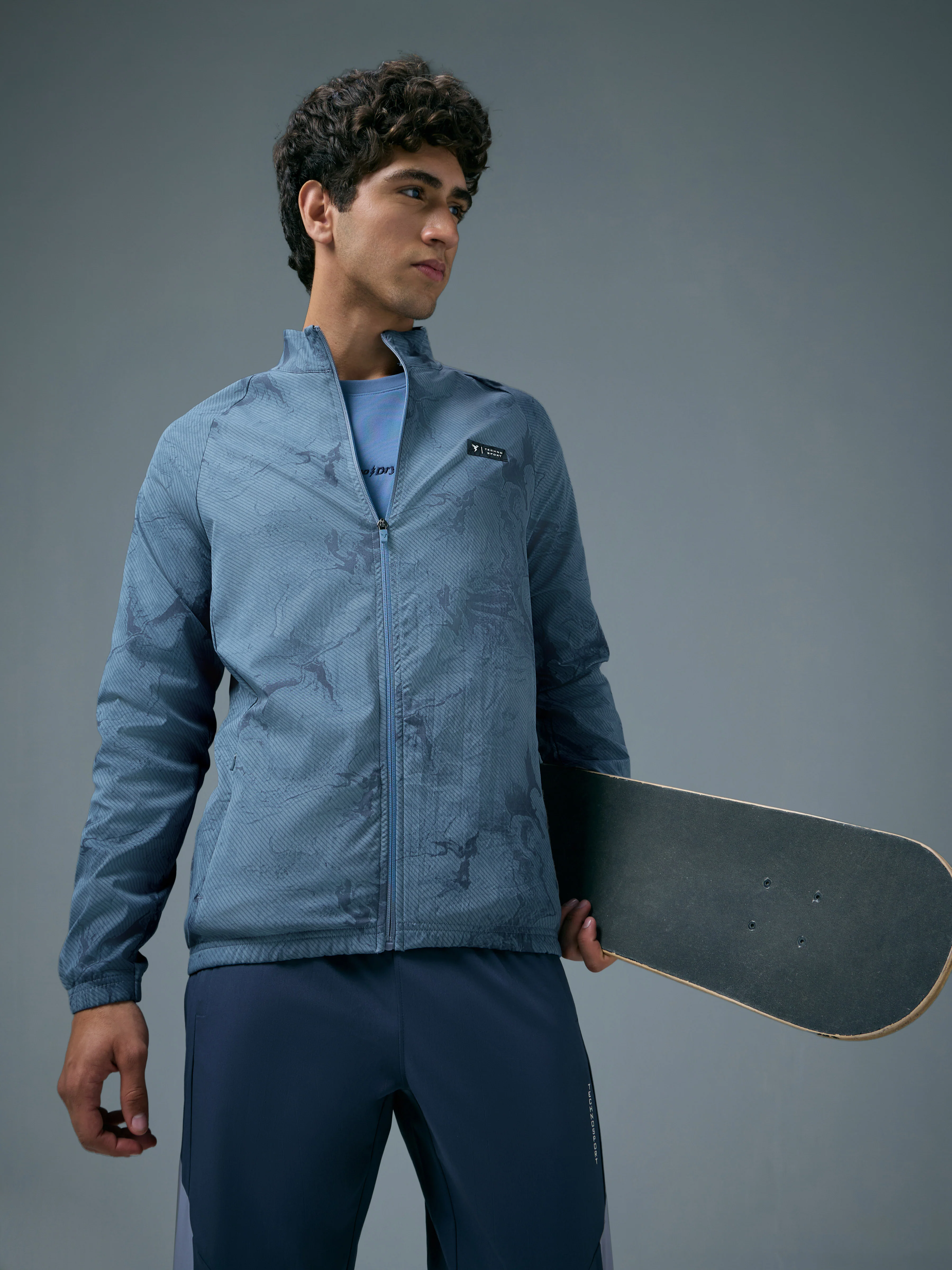 Men Printed Slim Fit Mock Neck Jacket with TS FLEXI
