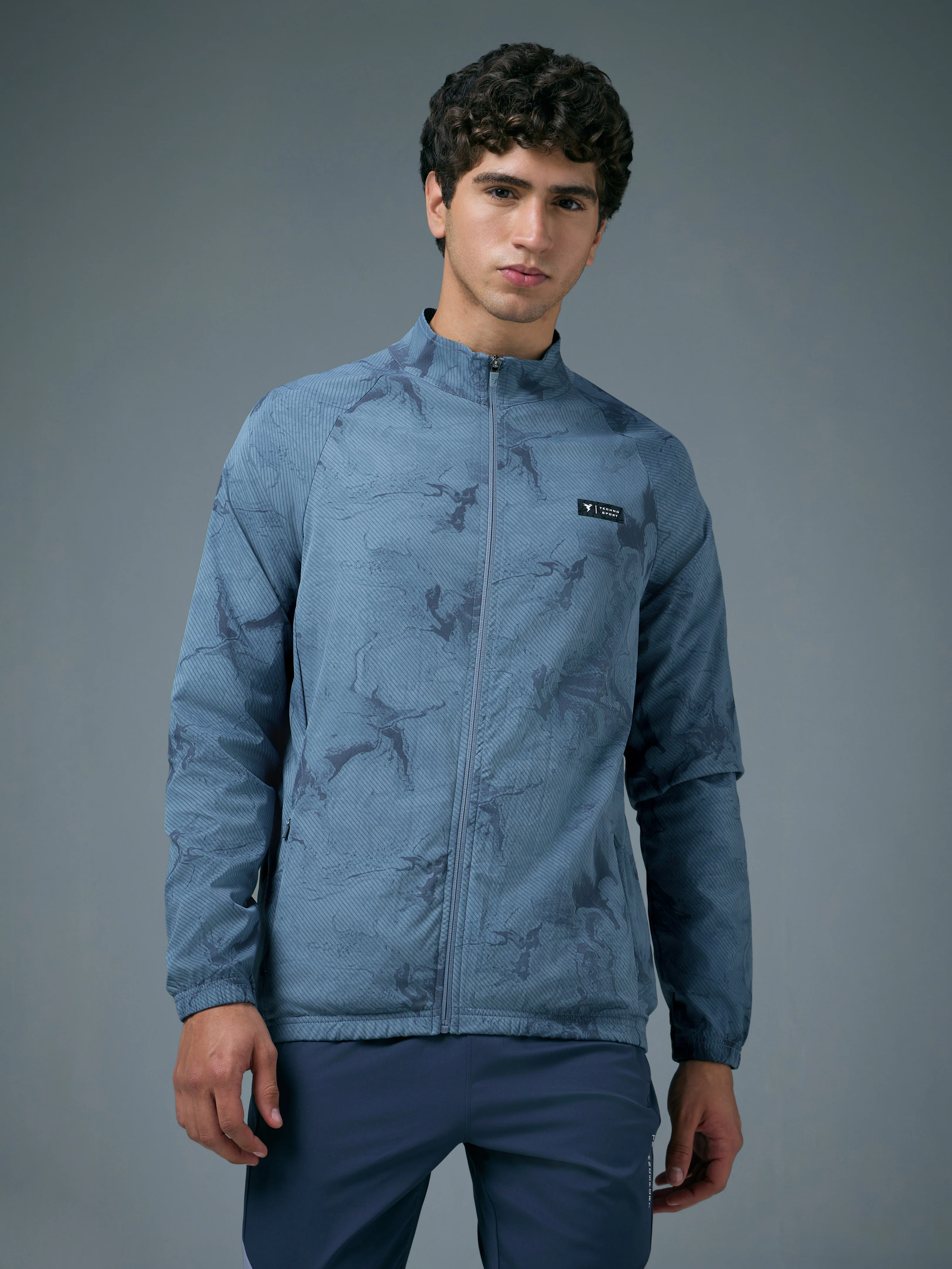 Men Printed Slim Fit Mock Neck Jacket with TS FLEXI - Image 2