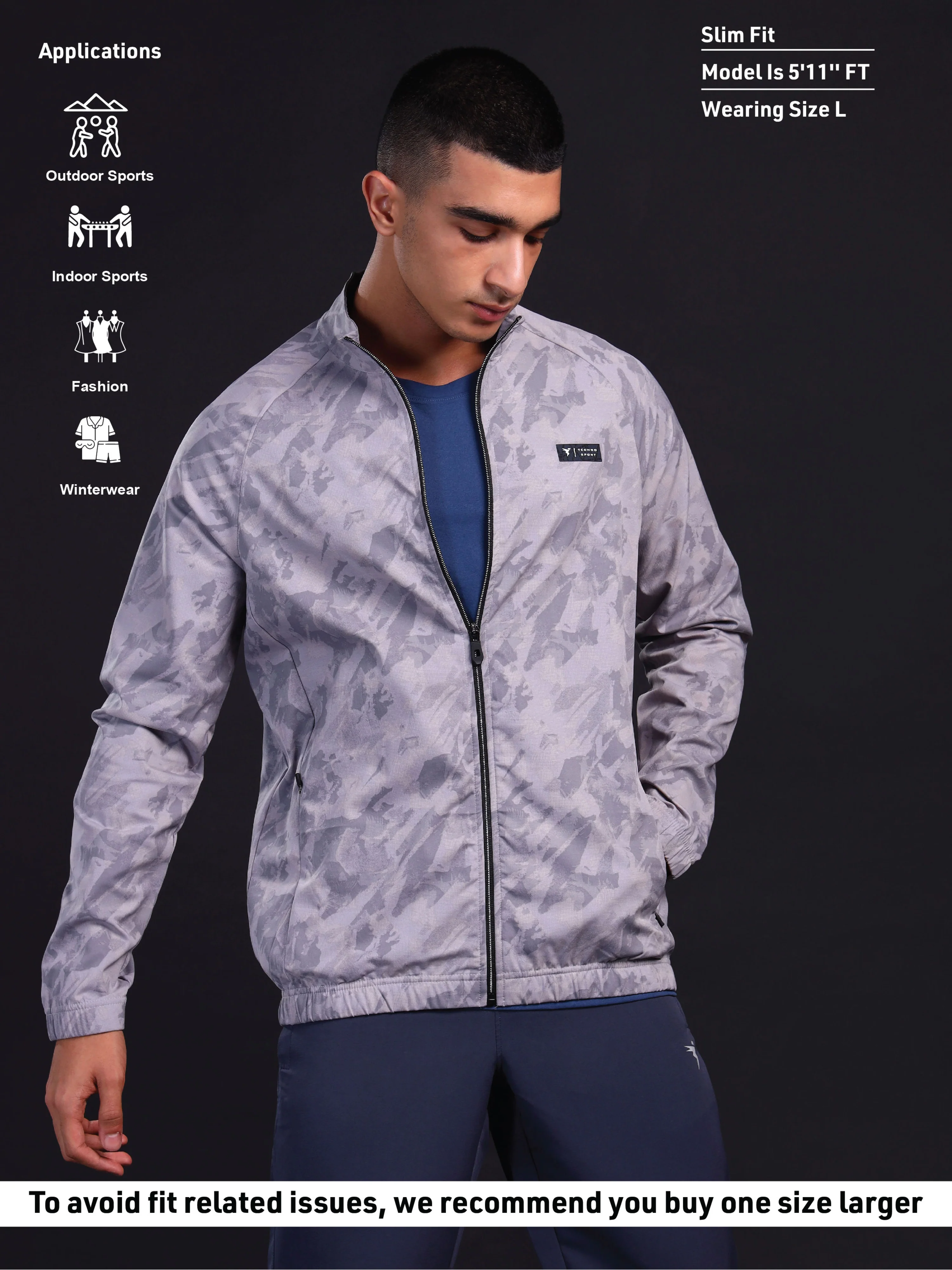 Men Printed Slim Fit Mock Neck Jacket with TS FLEXI - Image 3