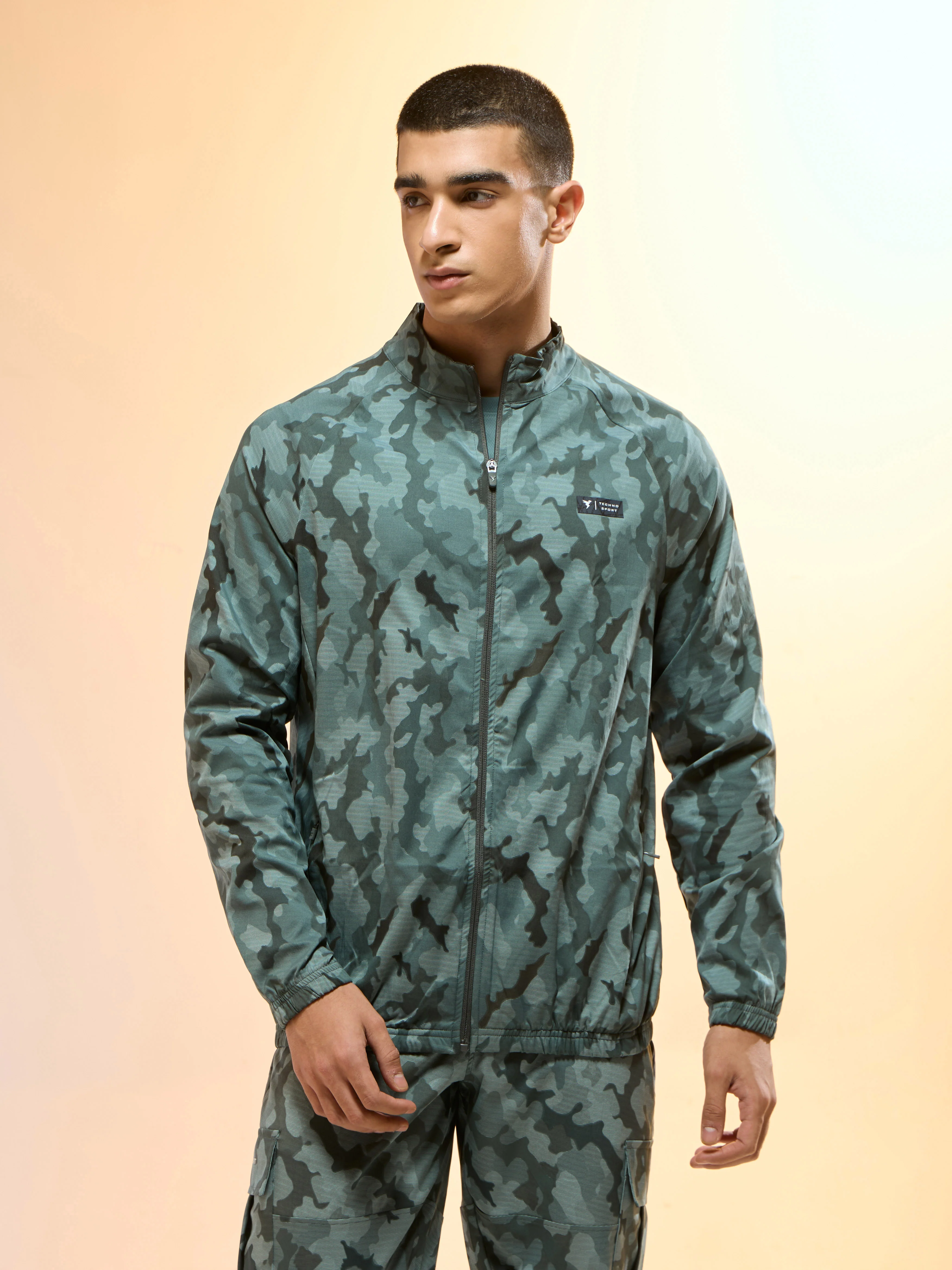Men Printed Slim Fit Mock Neck Jacket with TS FLEXI - Image 2