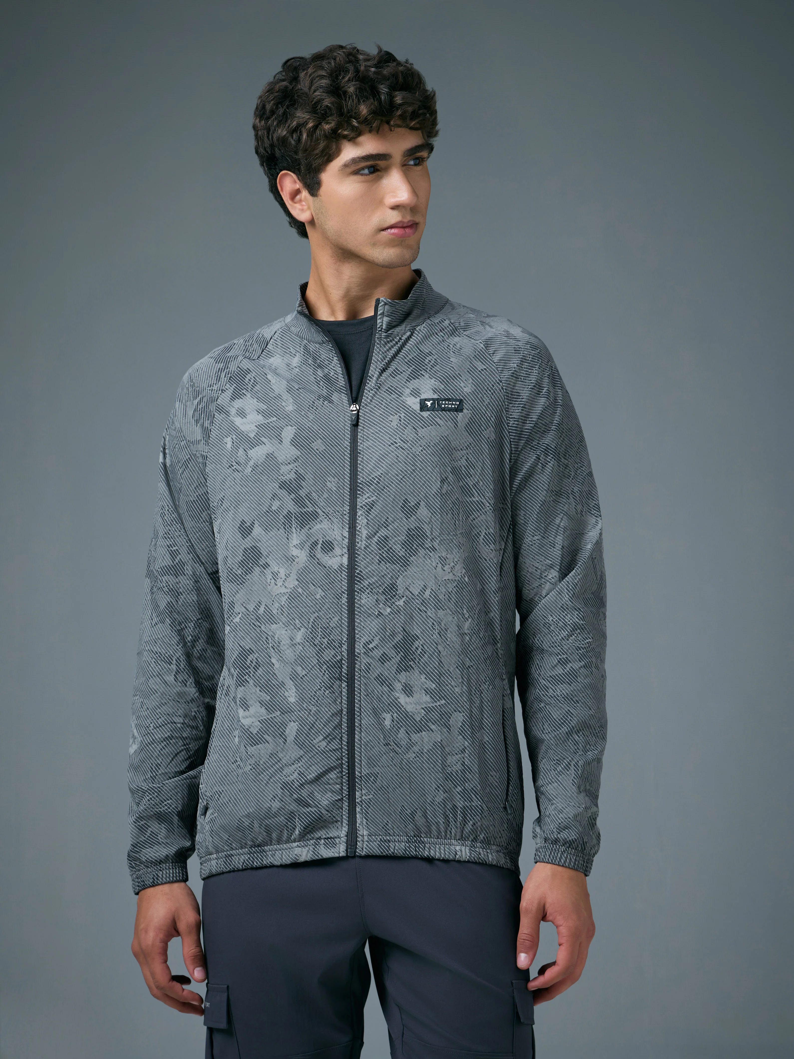 Men Printed Slim Fit Mock Neck Jacket with TS FLEXI - Image 2