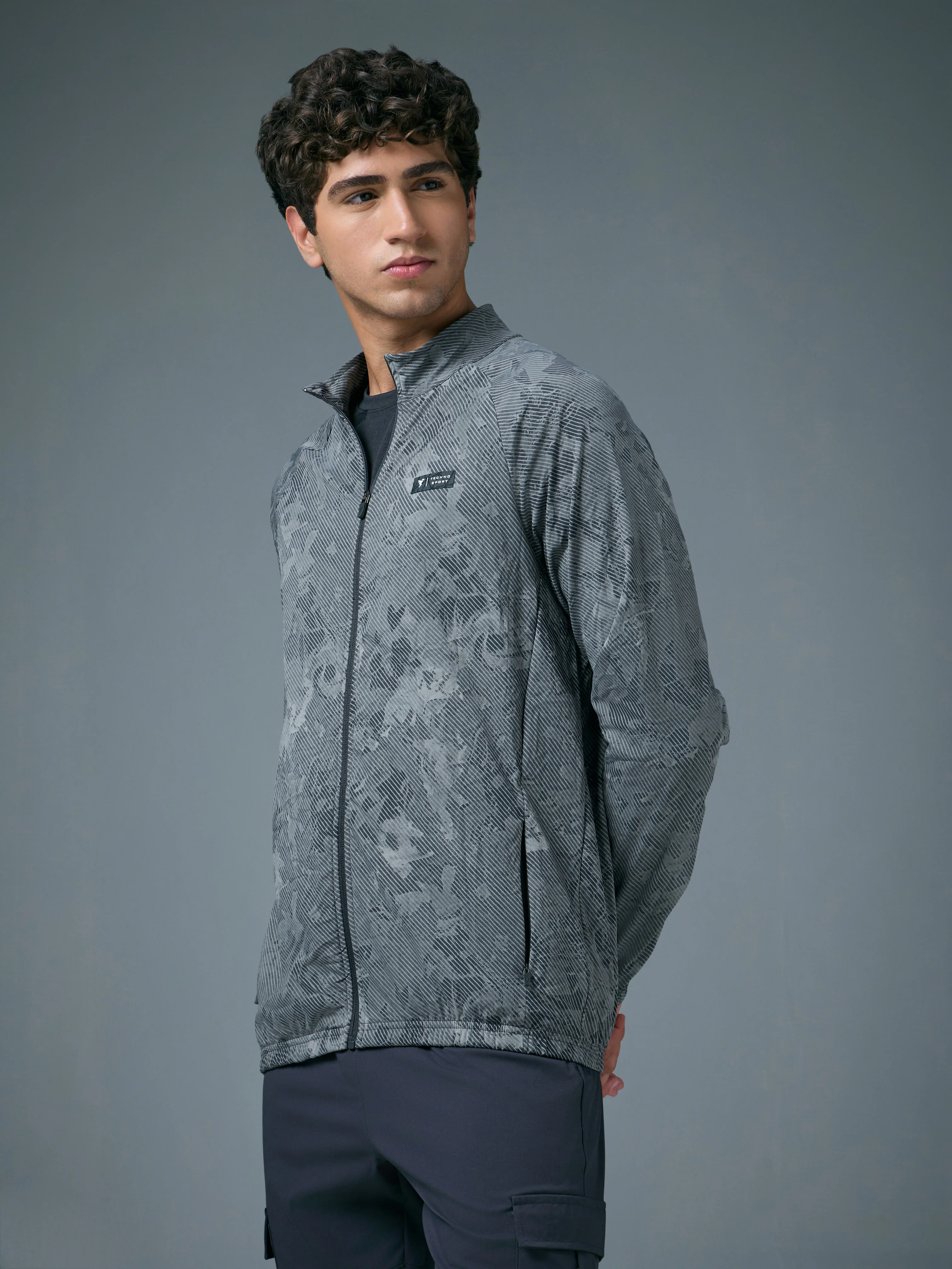 Men Printed Slim Fit Mock Neck Jacket with TS FLEXI - Image 4