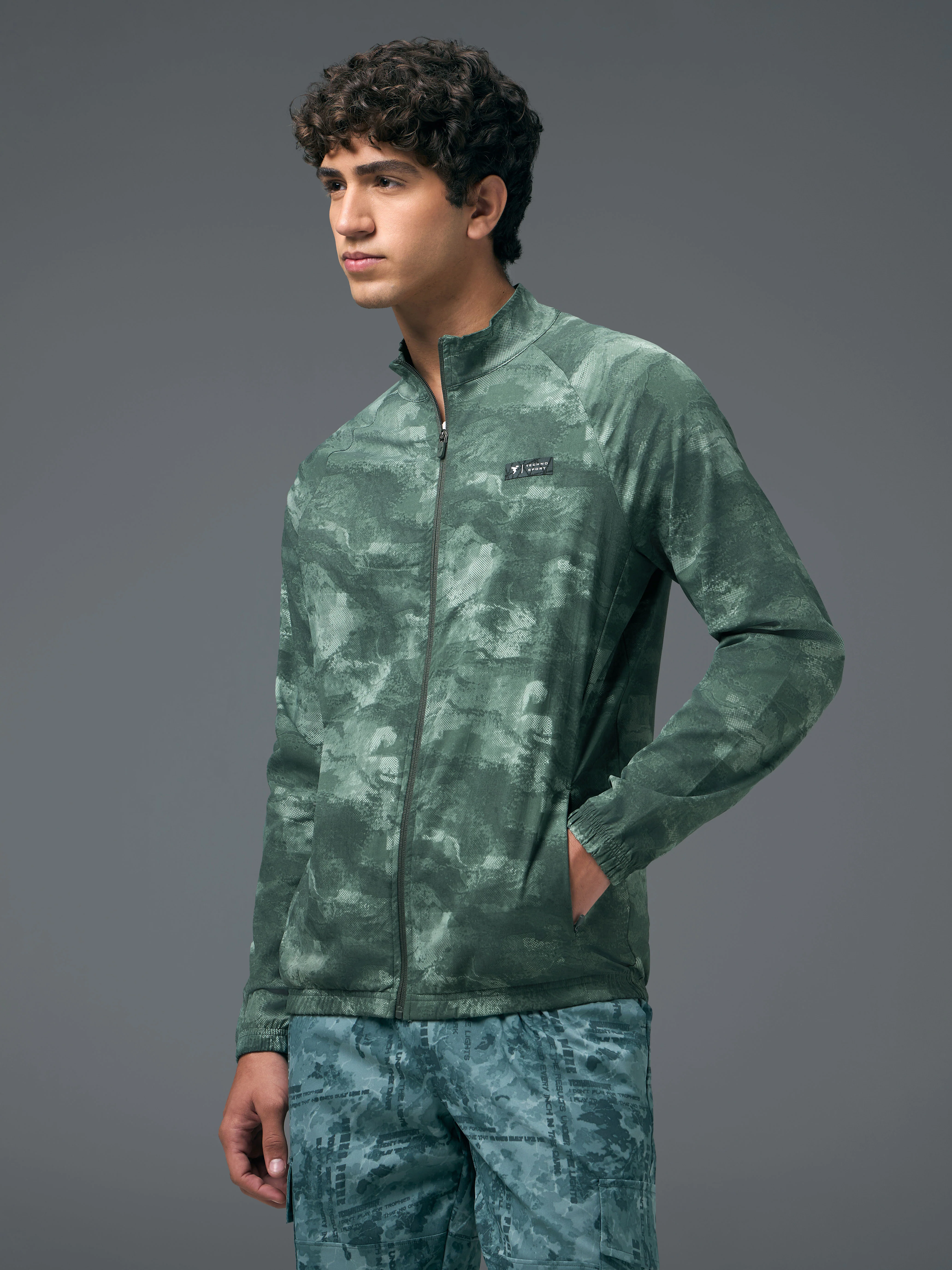 Men Printed Slim Fit Mock Neck Jacket with TS FLEXI - Image 4