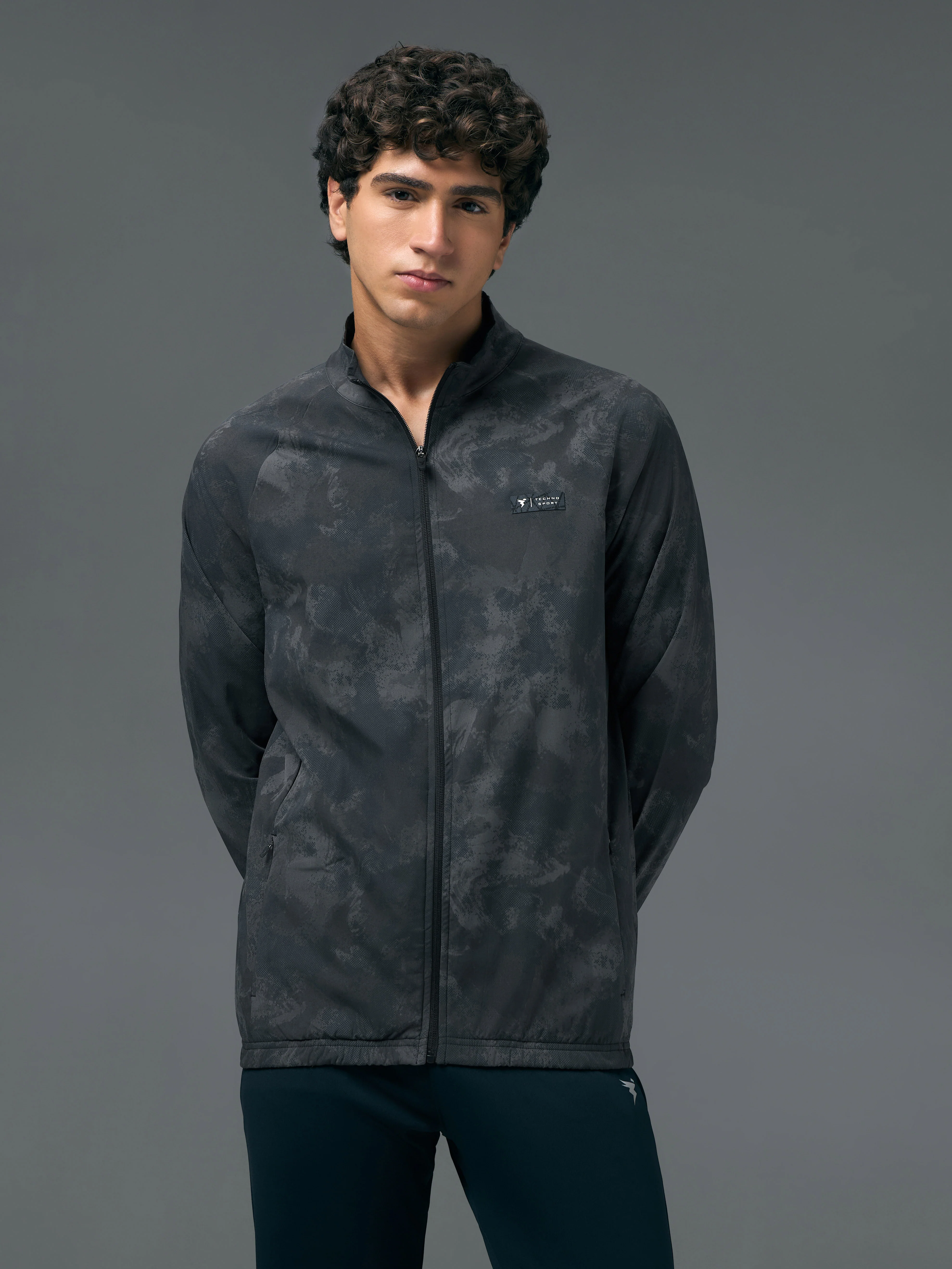 Men Printed Slim Fit Mock Neck Jacket with TS FLEXI - Image 2