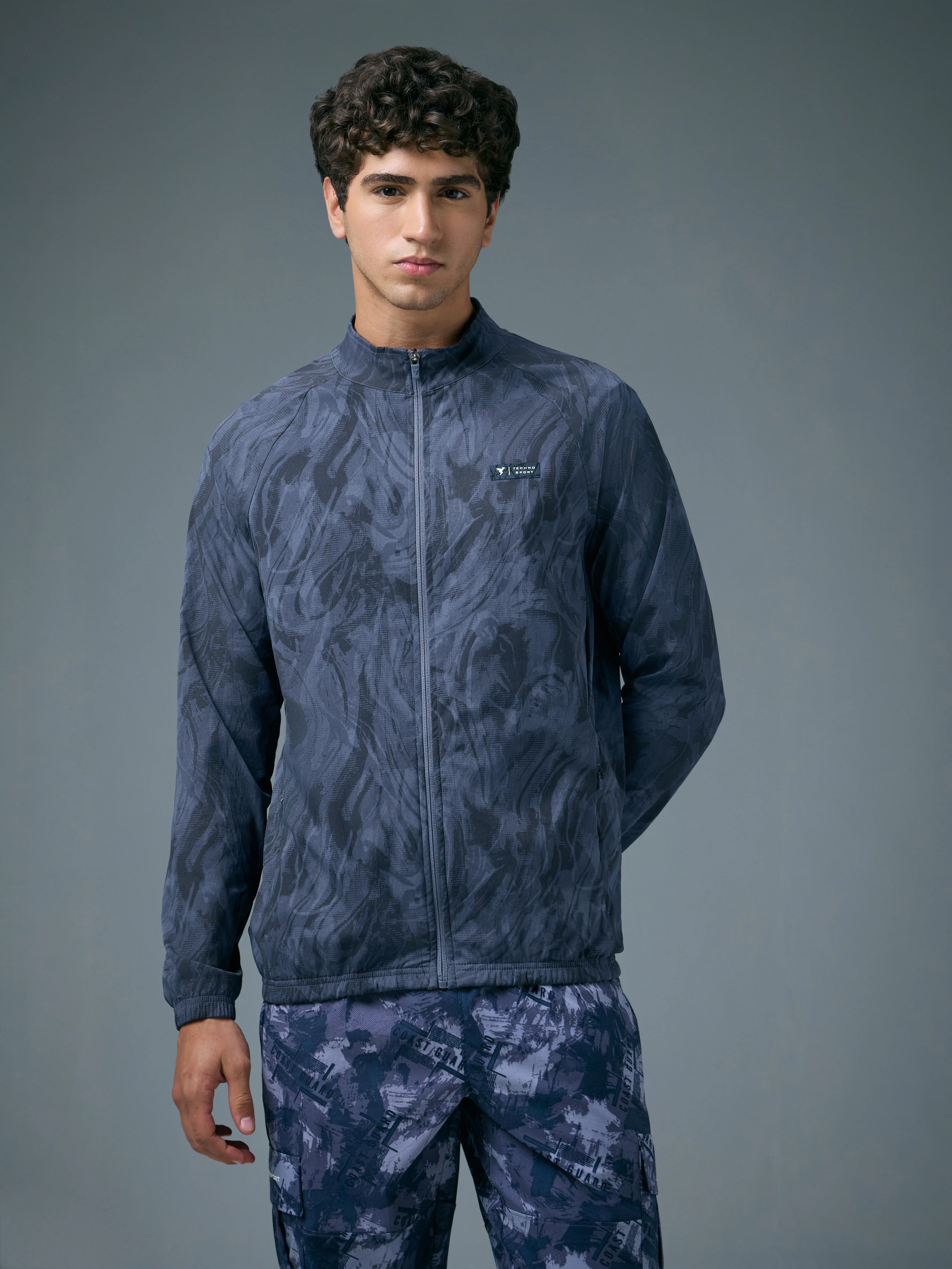 Men Printed Slim Fit Mock Neck Jacket with TS FLEXI - Image 2