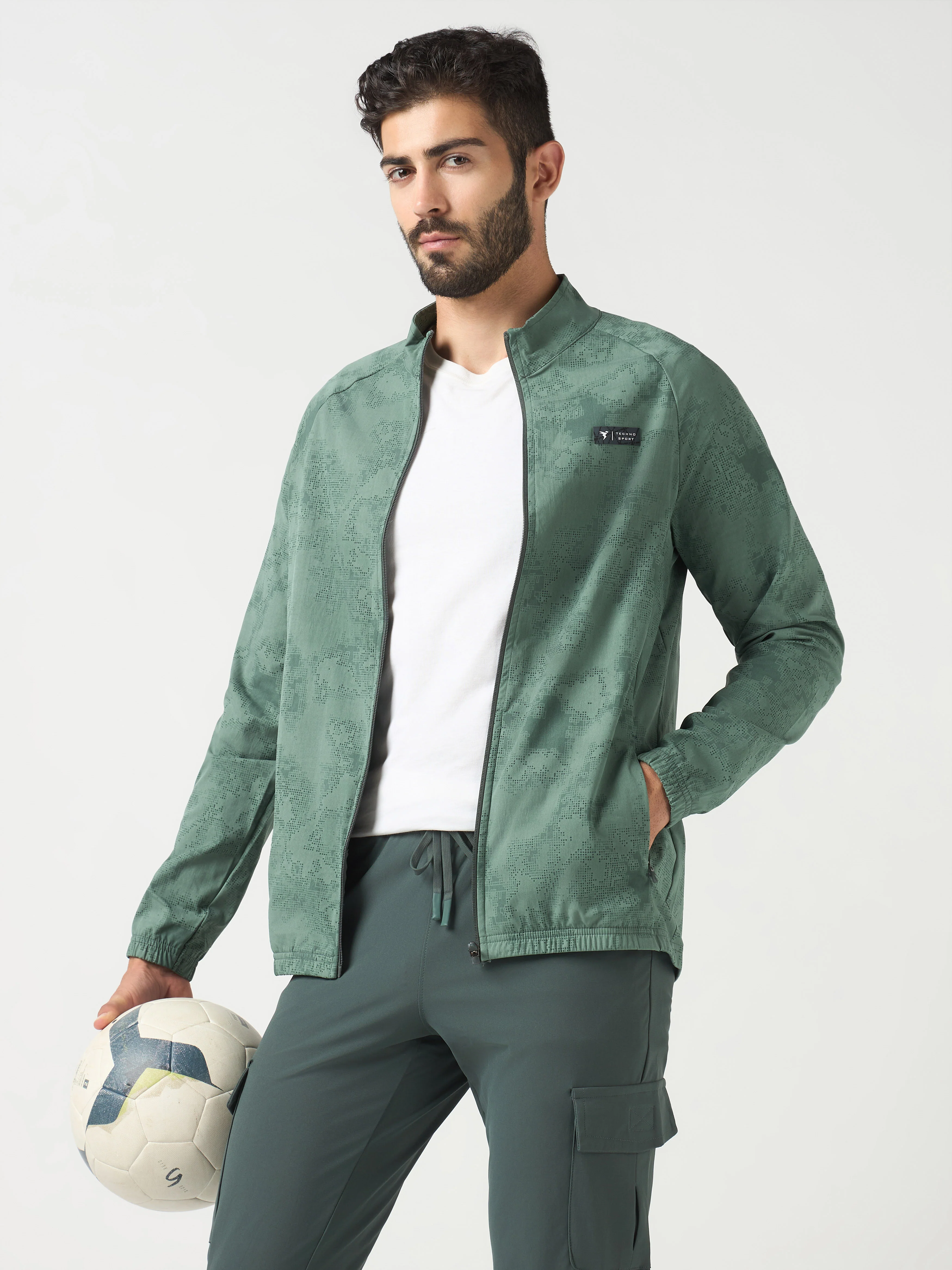 Men Printed Slim Fit Mock Neck Jacket with TS FLEXI