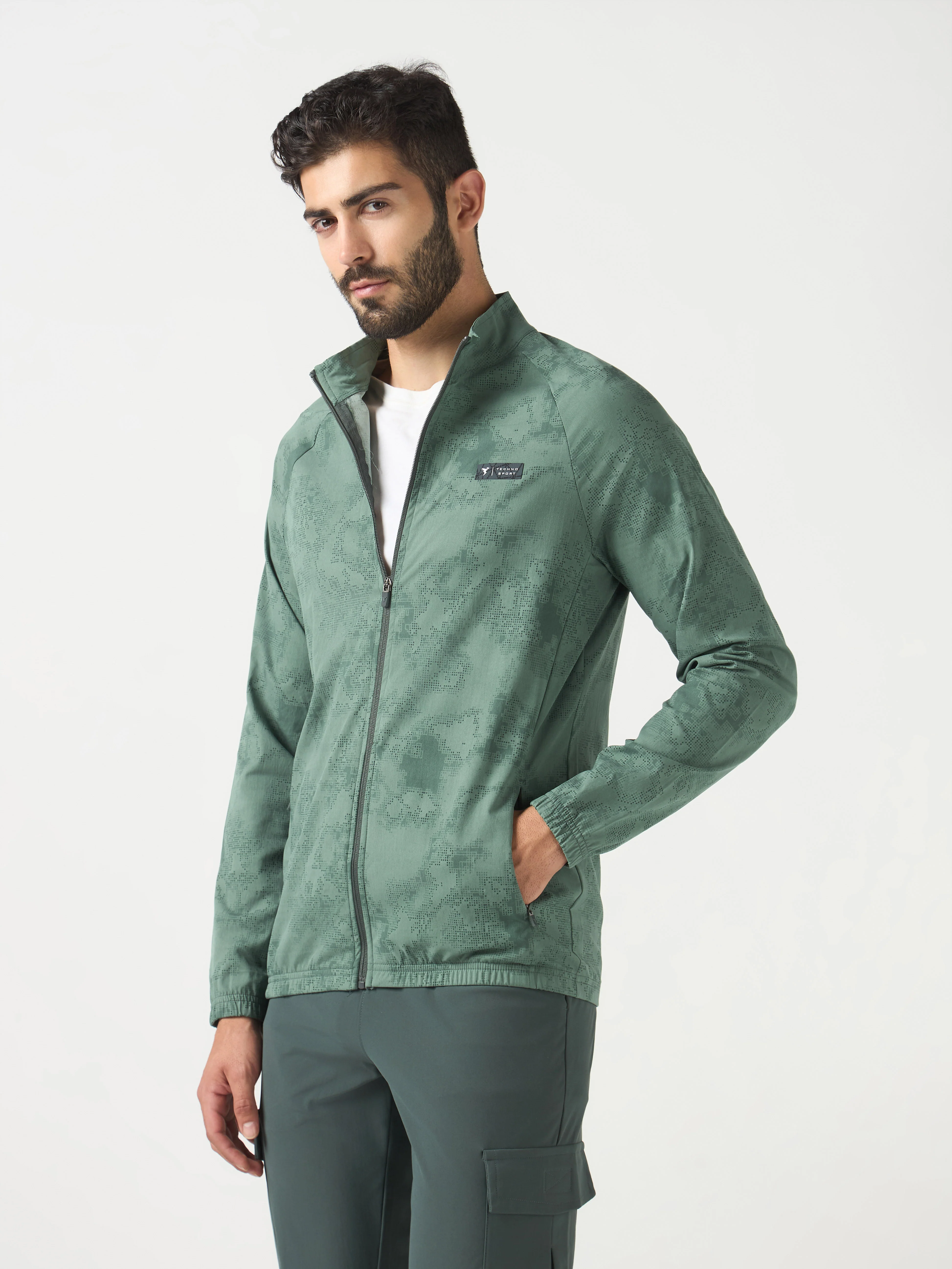 Men Printed Slim Fit Mock Neck Jacket with TS FLEXI - Image 2