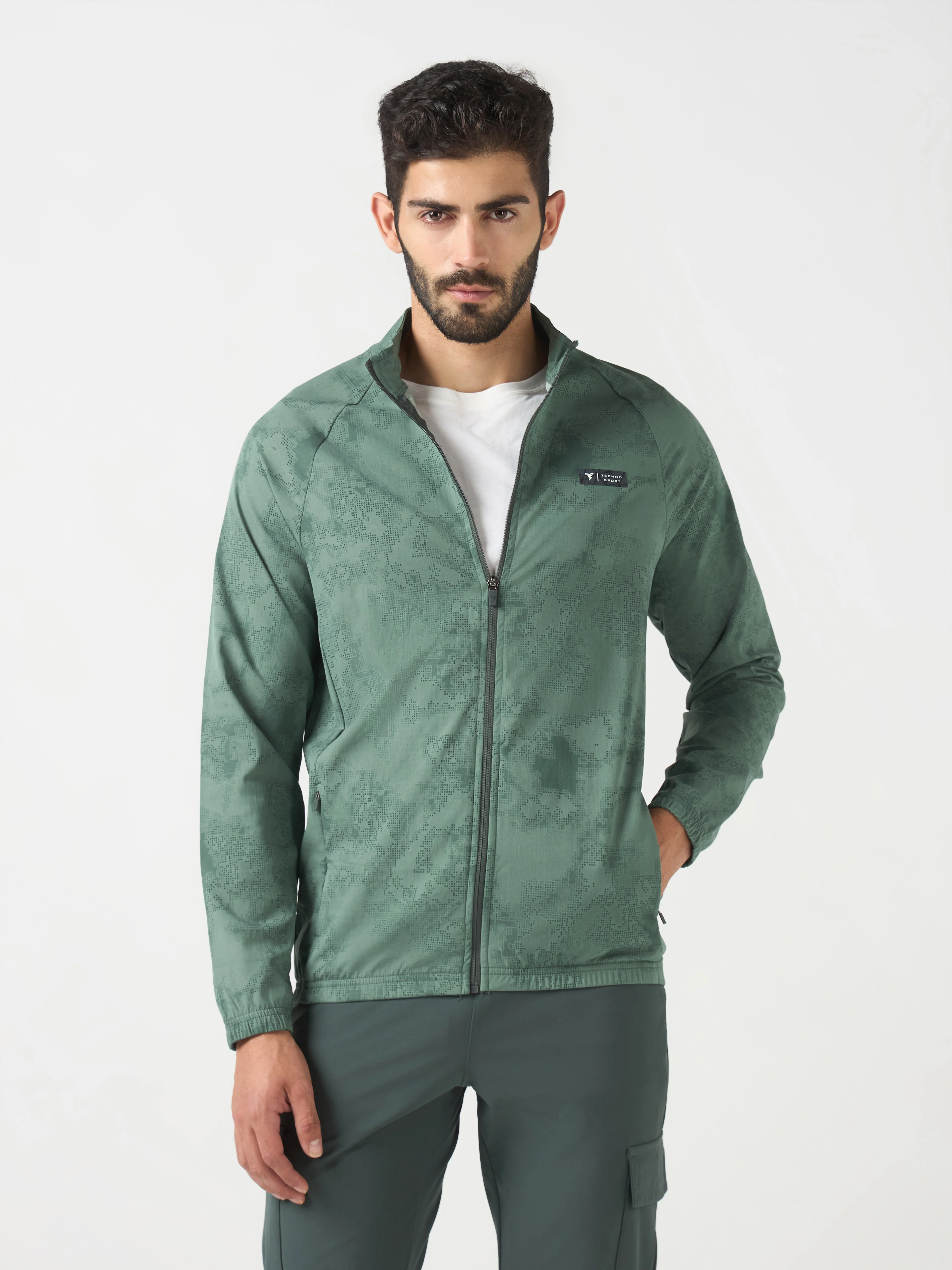 Men Printed Slim Fit Mock Neck Jacket with TS FLEXI - Image 4