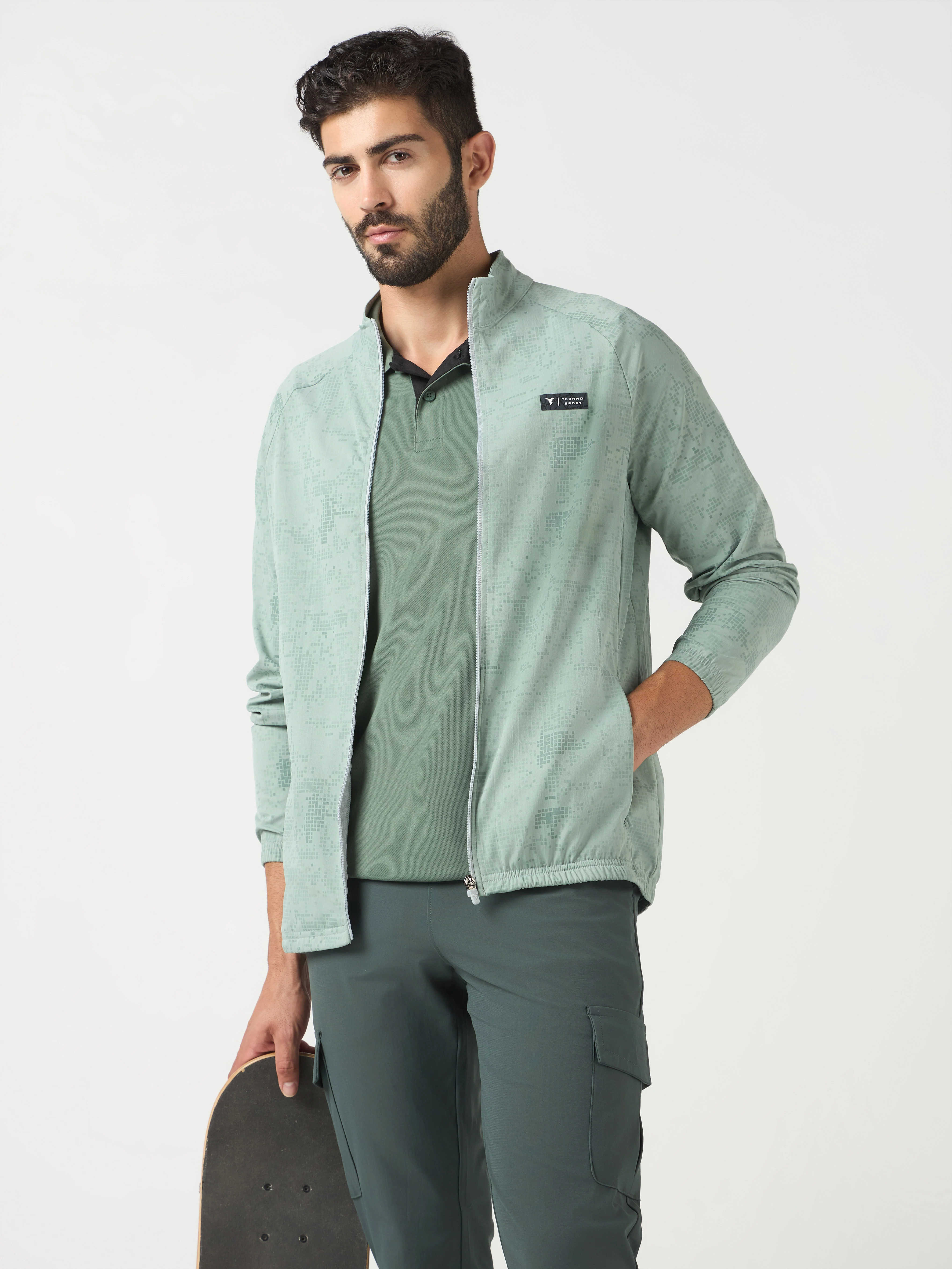 Men Printed Slim Fit Mock Neck Jacket with TS FLEXI - Image 5
