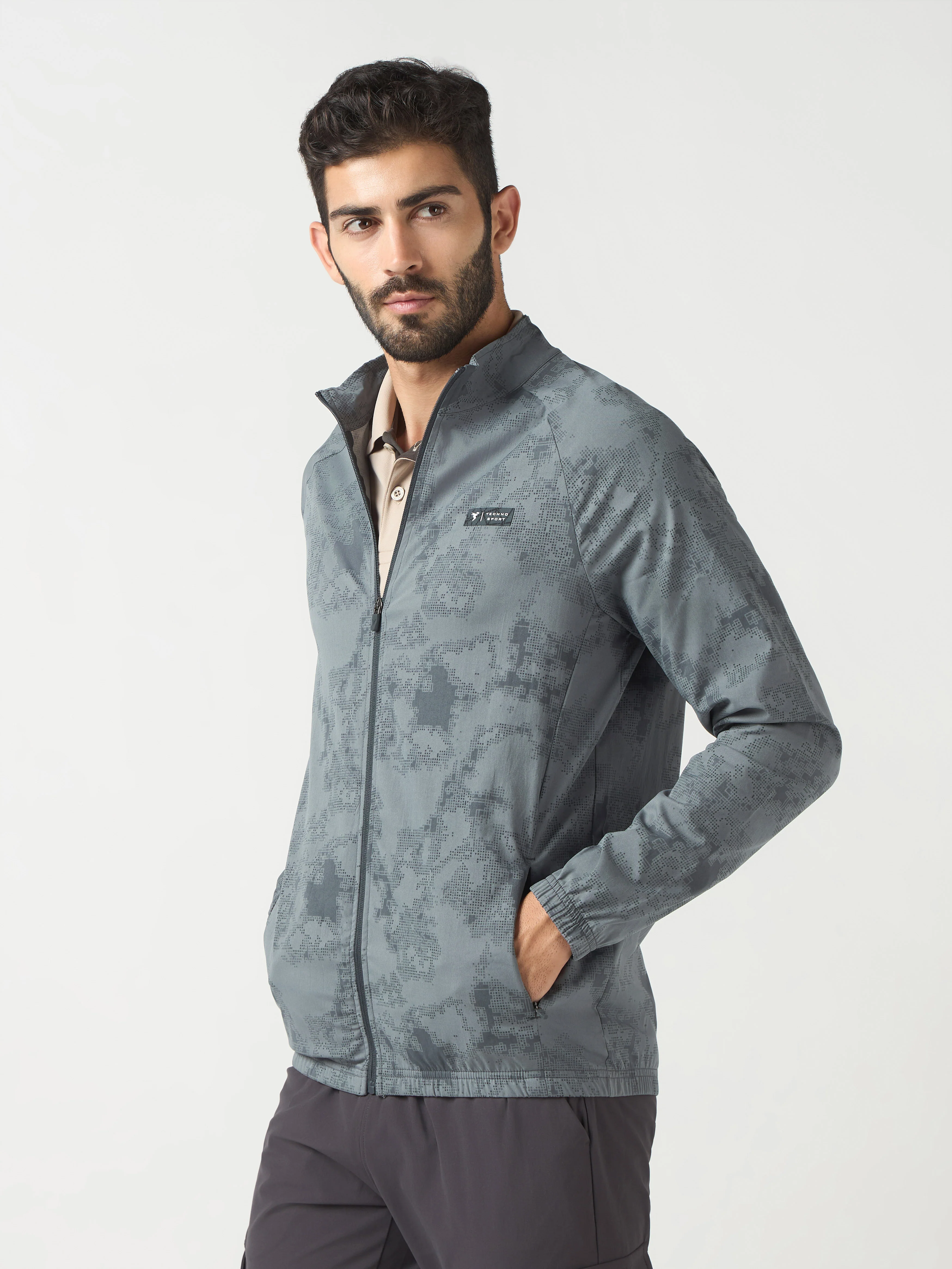 Men Printed Slim Fit Mock Neck Jacket with TS FLEXI - Image 3
