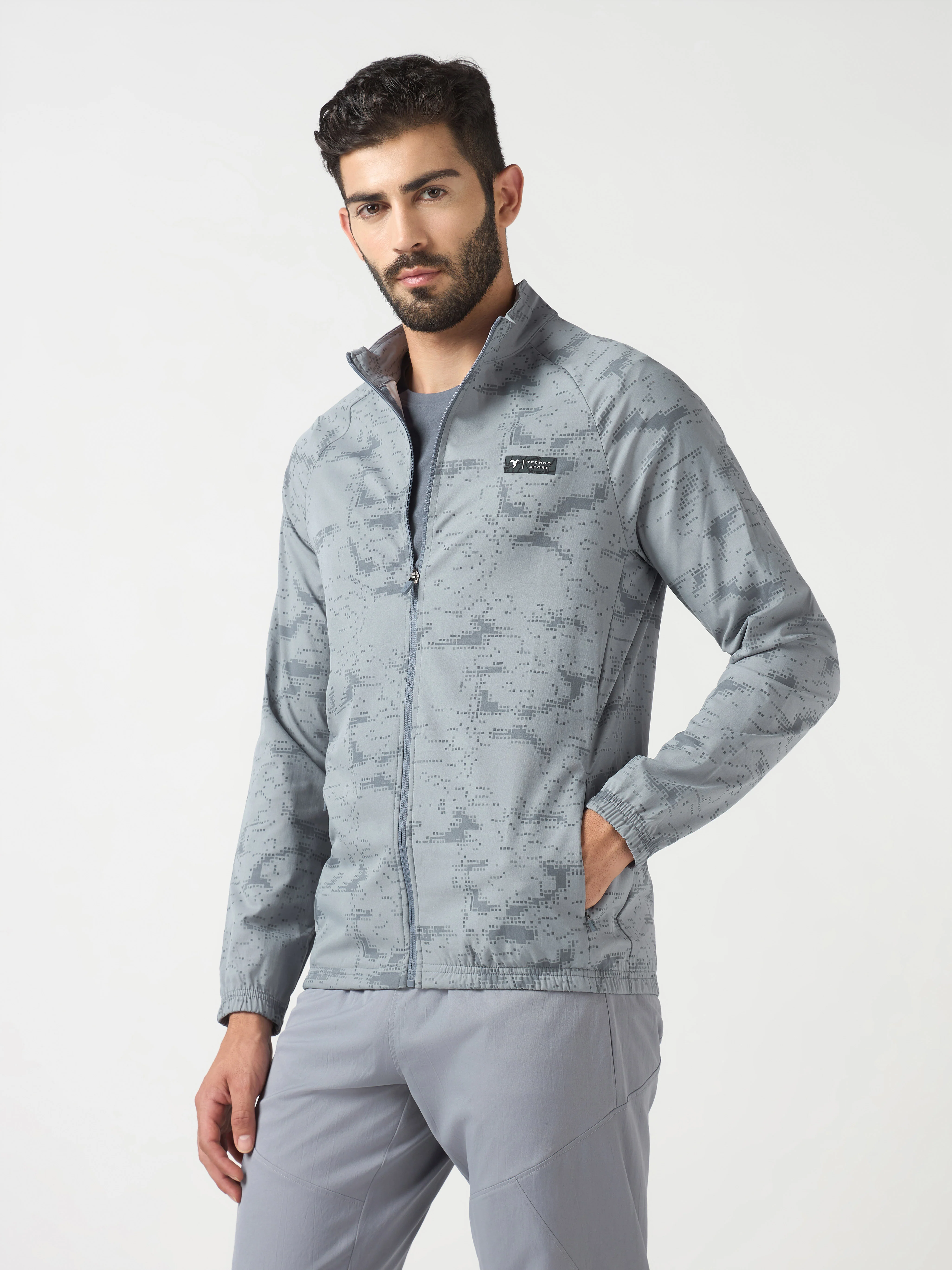 Men Printed Slim Fit Mock Neck Jacket with TS FLEXI