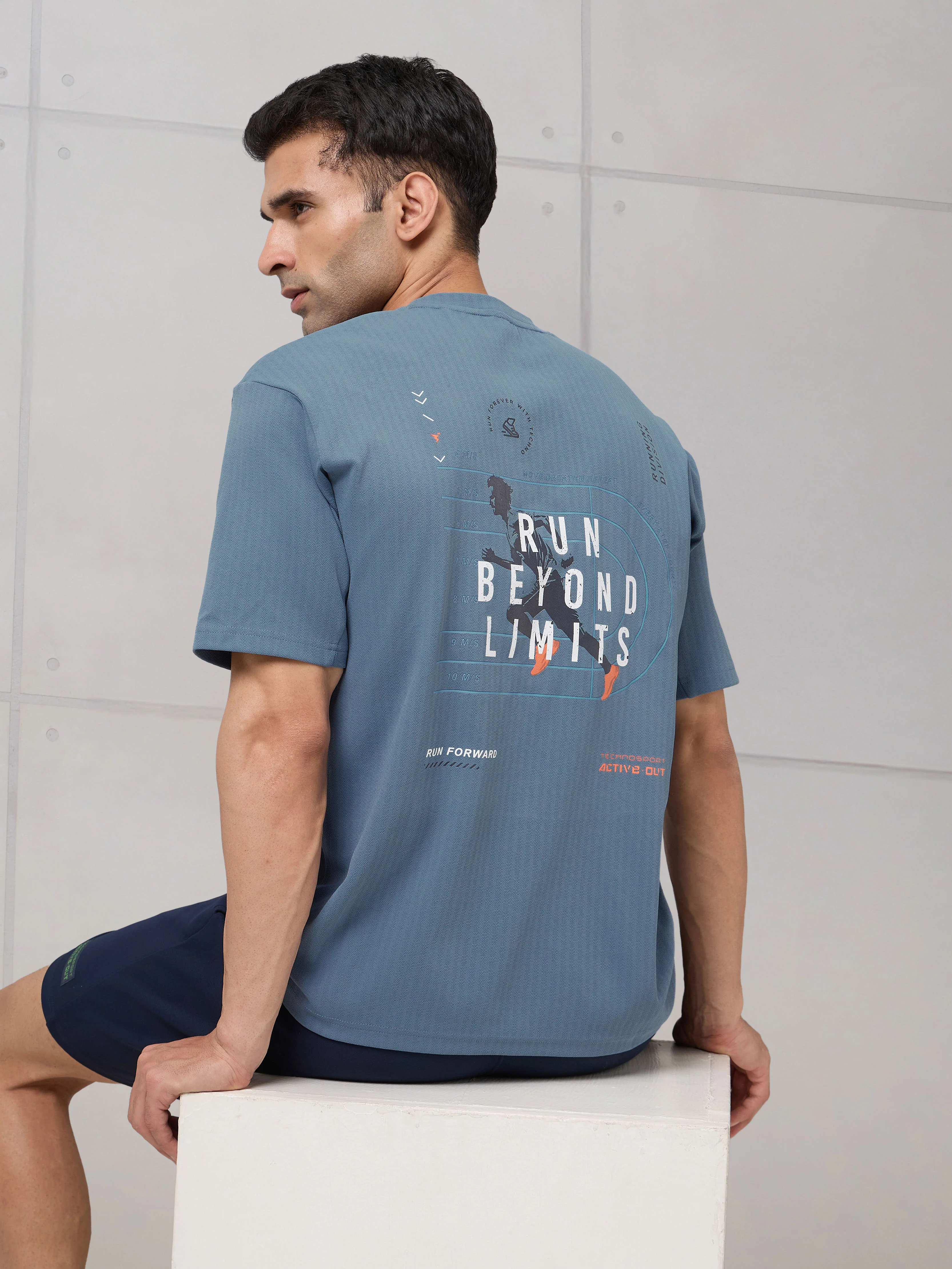 Men Round Neck Back Printed Active Out Regular Fit T-Shirt with ELASTOPLUS