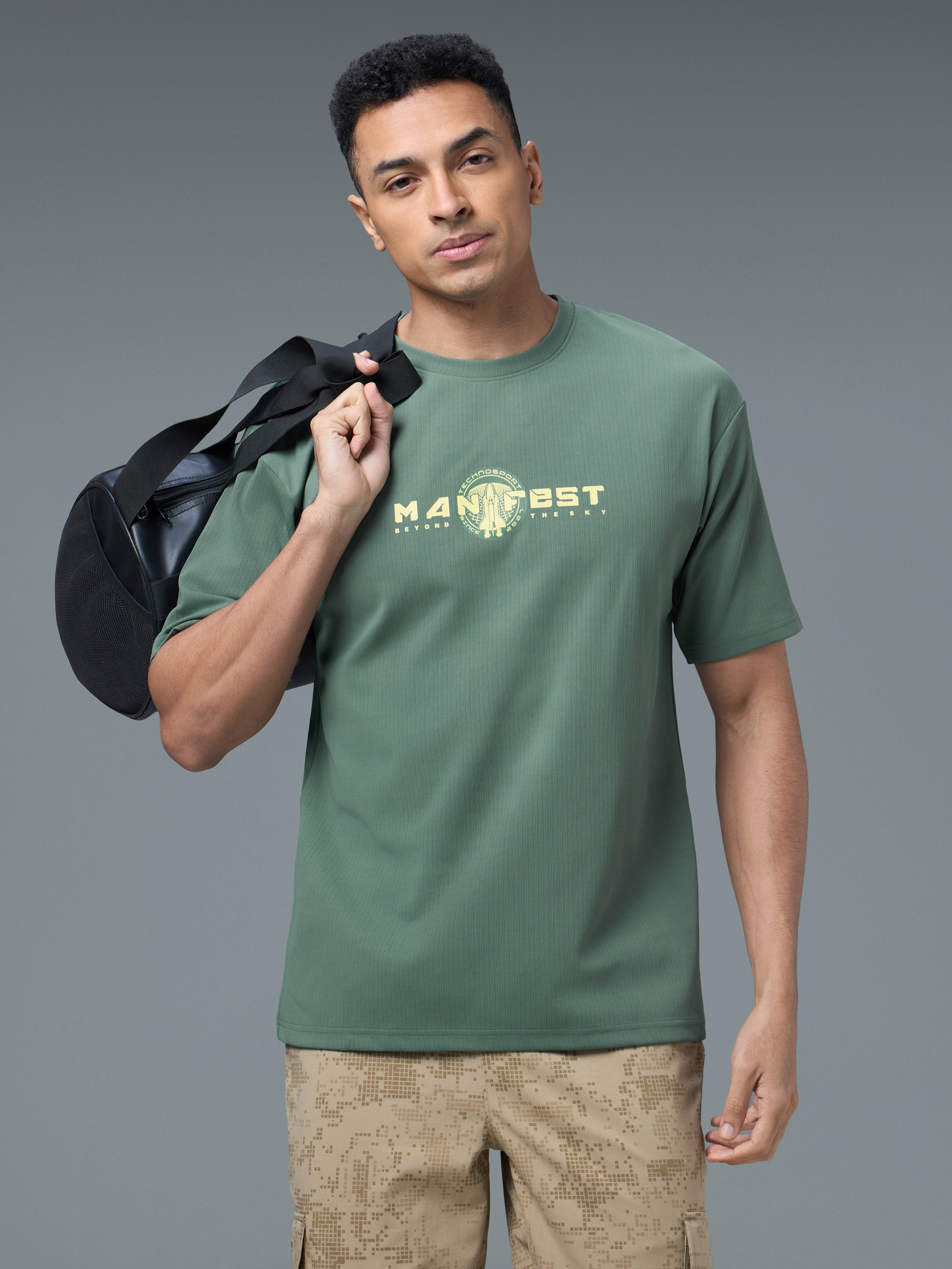 Men Round Neck Typography Printed Active Out Slim Fit T-Shirt with ELASTOPLUS