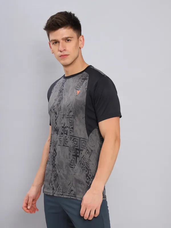Men Self Design Slim Fit Crew Neck T-shirt with DOUBLE COOL